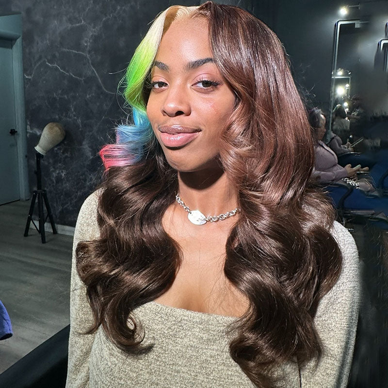 Eullair 13x4 Lace Front Wig - Brown with Multi-Colored Blonde, Green, Blue & Pink Highlights | Body Wave Human Hair Wig for Women | Perfect for Cosplay, Parties & Daily Wear