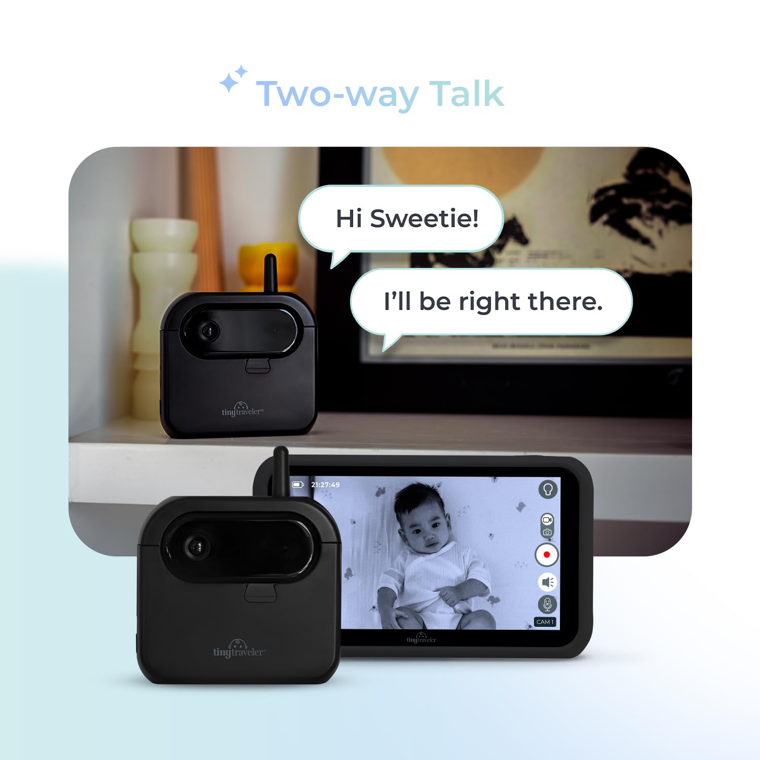Tiny Traveler AI Smart Wireless Baby Car Monitor with Cry/Laugh/Stand Detection & Virtual Fence - 1000ft Long Range, Night Vision, Lullabies & Night Light for Safe Baby Monitoring in Cars, Strollers & Travel | Perfect for Road Trips & Family Outings