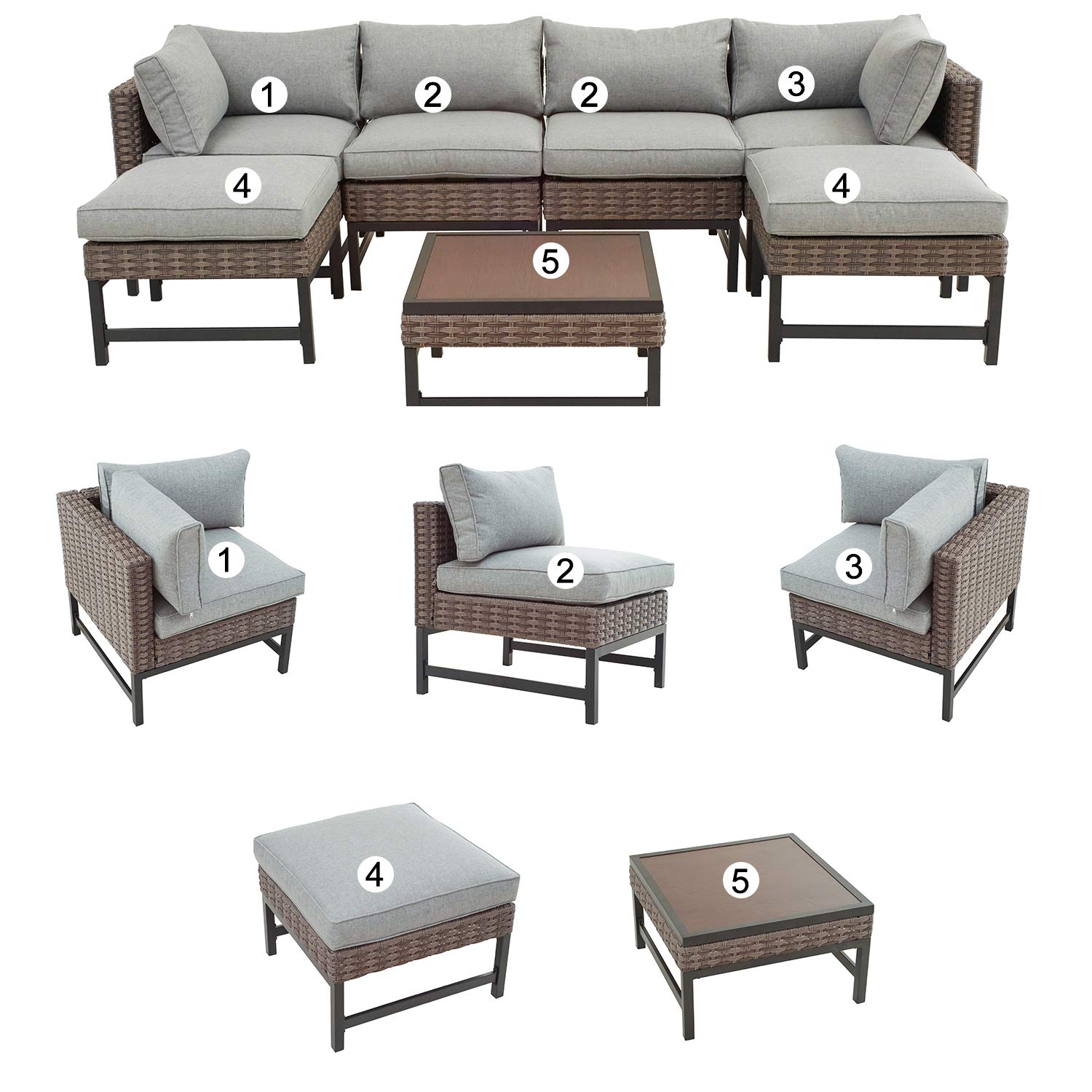 7-Piece Patio Outdoor Furniture Set - Wicker Sectional Sofa with Chairs, Ottoman, Coffee Table & Soft Cushions (Grey) - Perfect for Garden, Poolside & Backyard Relaxation