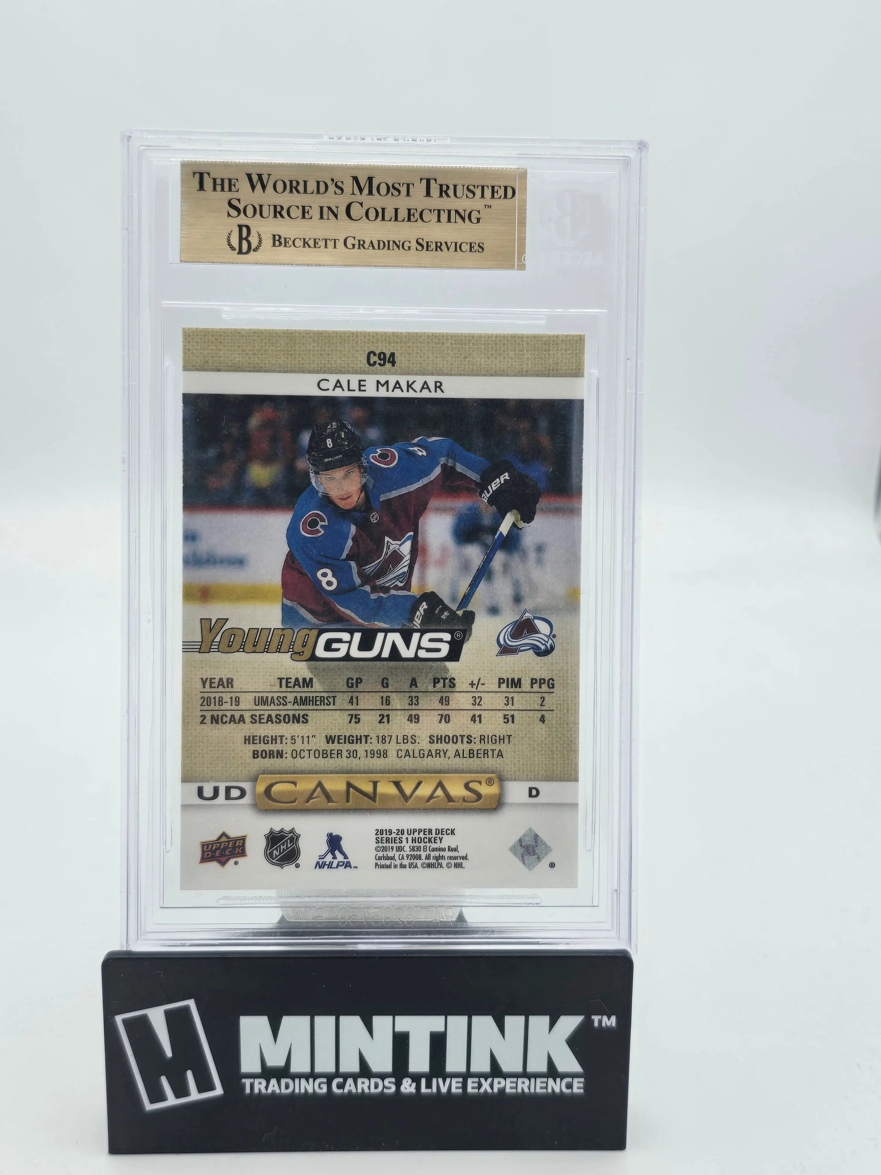 2019-20 Upper Deck Series 1 Cale Makar Young Guns UD Canvas Rookie Card BGS 9.5 - Perfect for Hockey Card Collectors and NHL Fans
