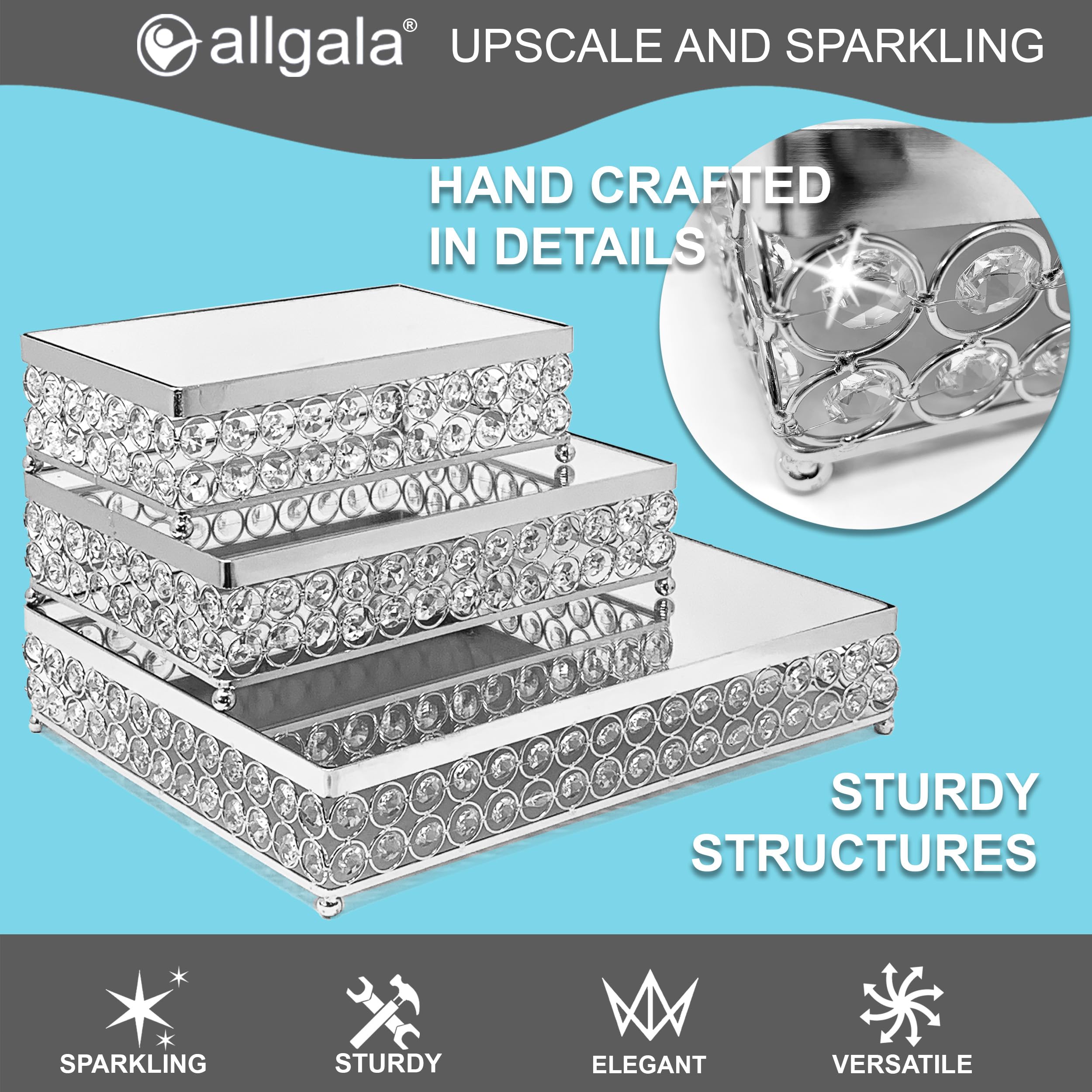 Allgala 3-Piece Crystal Silver Wedding Cake Stand Set with Mirror Plate - Elegant Dessert Display for Cupcakes, Cheese & Pastries - Perfect for Weddings, Birthday Parties & Tea Time (Silver Rectangle-HD89205)