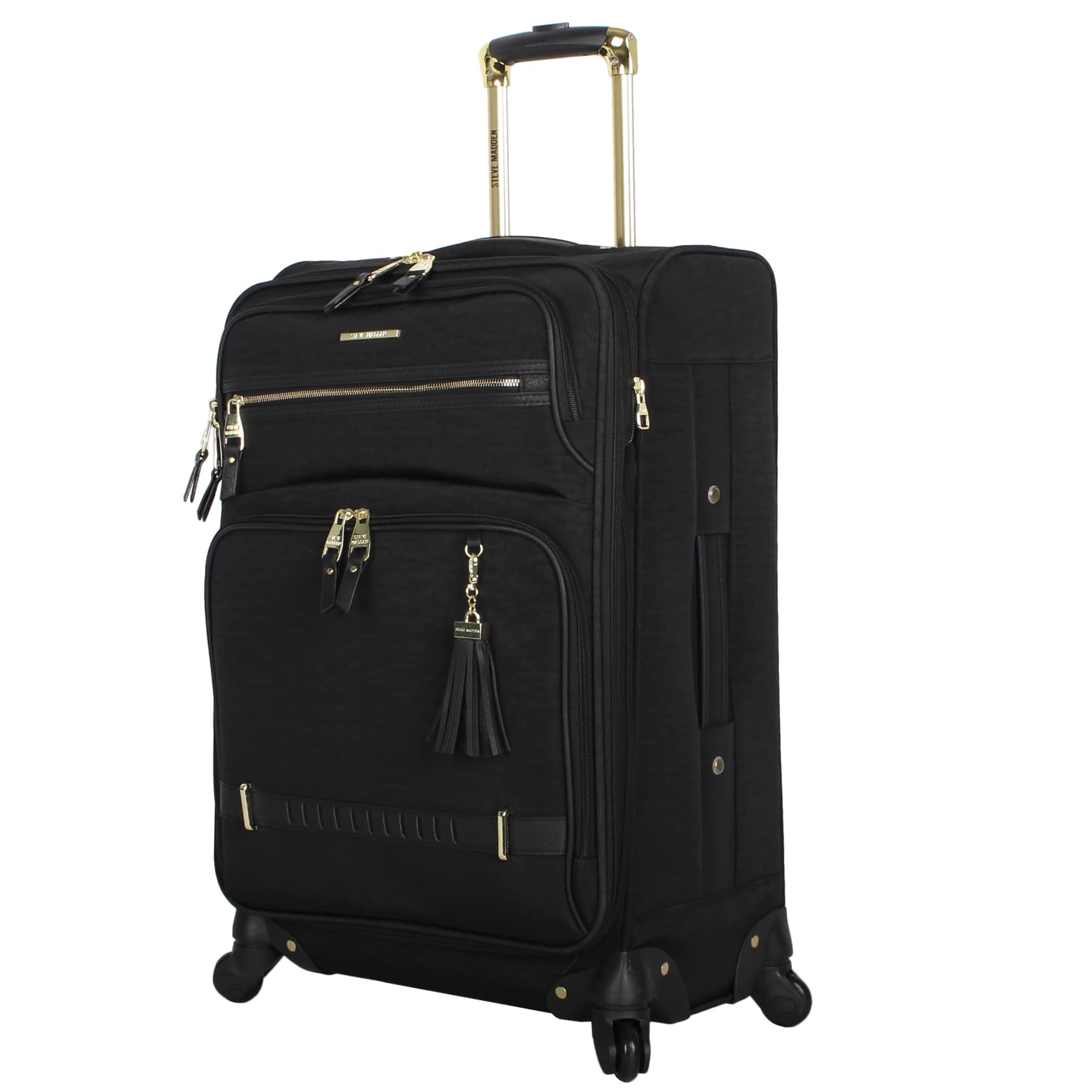 Steve Madden 24 Inch Lightweight Expandable Softside Spinner Luggage - Mid-Size Checked Suitcase with 360° Wheels for Travel (Black) - Perfect for Business Trips, Vacations & Airplane Checked Baggage