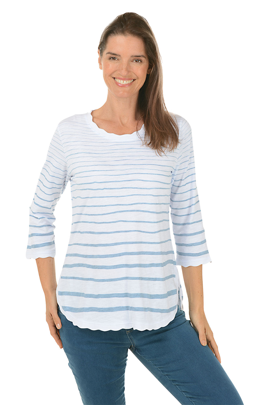 Scalloped Trim Striped Knit Top for Women - Soft Cotton Casual T-Shirt with Ruffled Neckline - Perfect for Spring Outfits, Date Nights & Weekend Brunch
