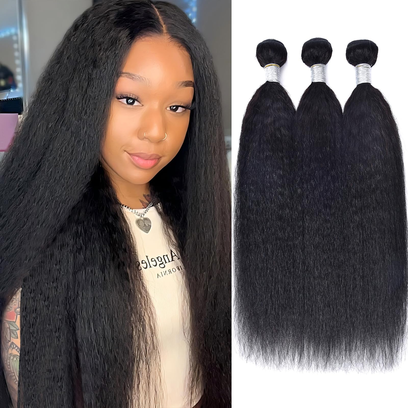 12A Kinky Straight Human Hair Bundles 22 24 26 Inch - 100% Virgin Remy Human Hair Extensions for Women - Natural Black Color - Perfect for Daily Wear, Styling, and Special Occasions