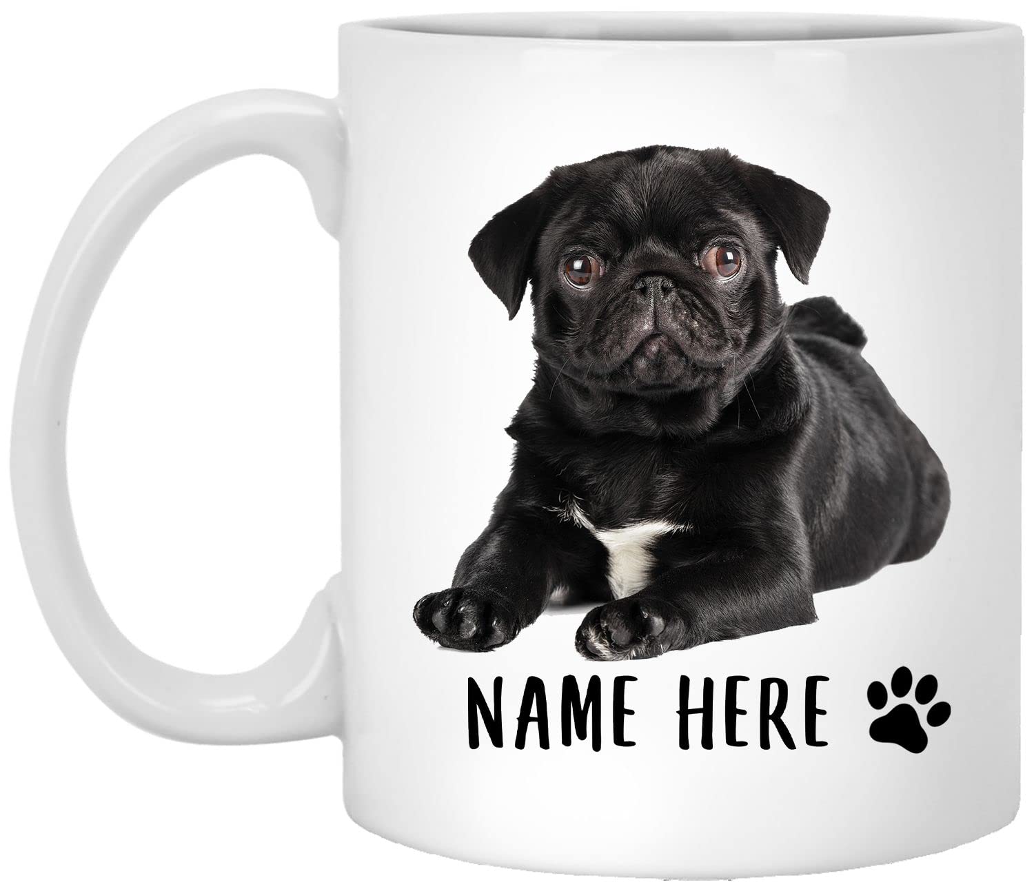 Custom Name Pug Lying Black & White Ceramic Coffee Mug 11oz - Personalized Gift for Dog Lovers, Women & Men - Perfect for Christmas, Birthday, Office Use & Home Decor