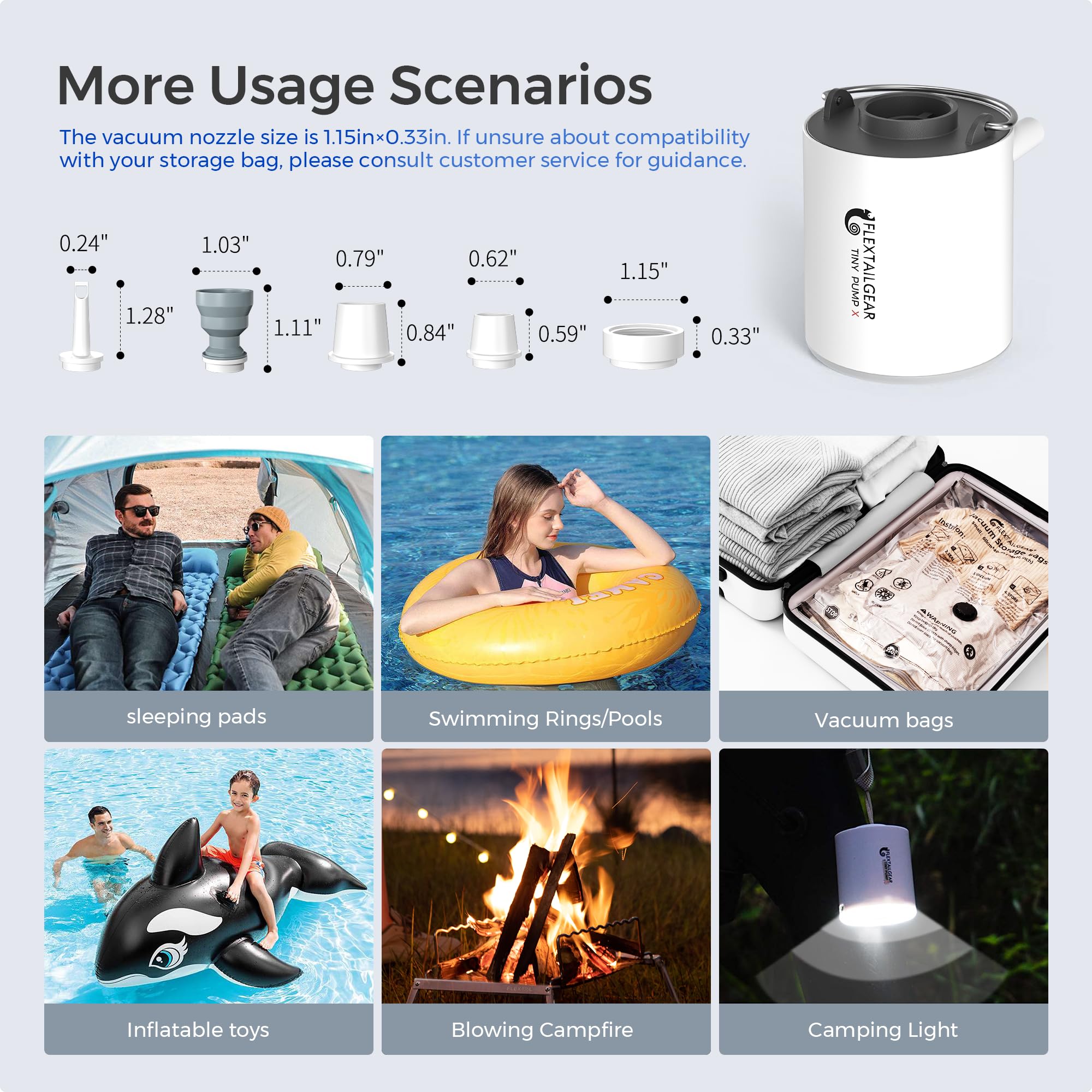 FLEXTAILGEAR Tiny Pump X - Ultra-Portable USB Rechargeable Air Pump with 1300mAh Battery & Built-in Camping Light | Perfect for Inflating Sleeping Pads, Pool Floats, Air Beds, Mattresses, Swimming Rings | Ideal for Camping, Travel, Beach Trips & Outdoor Adventures (Grey - X)