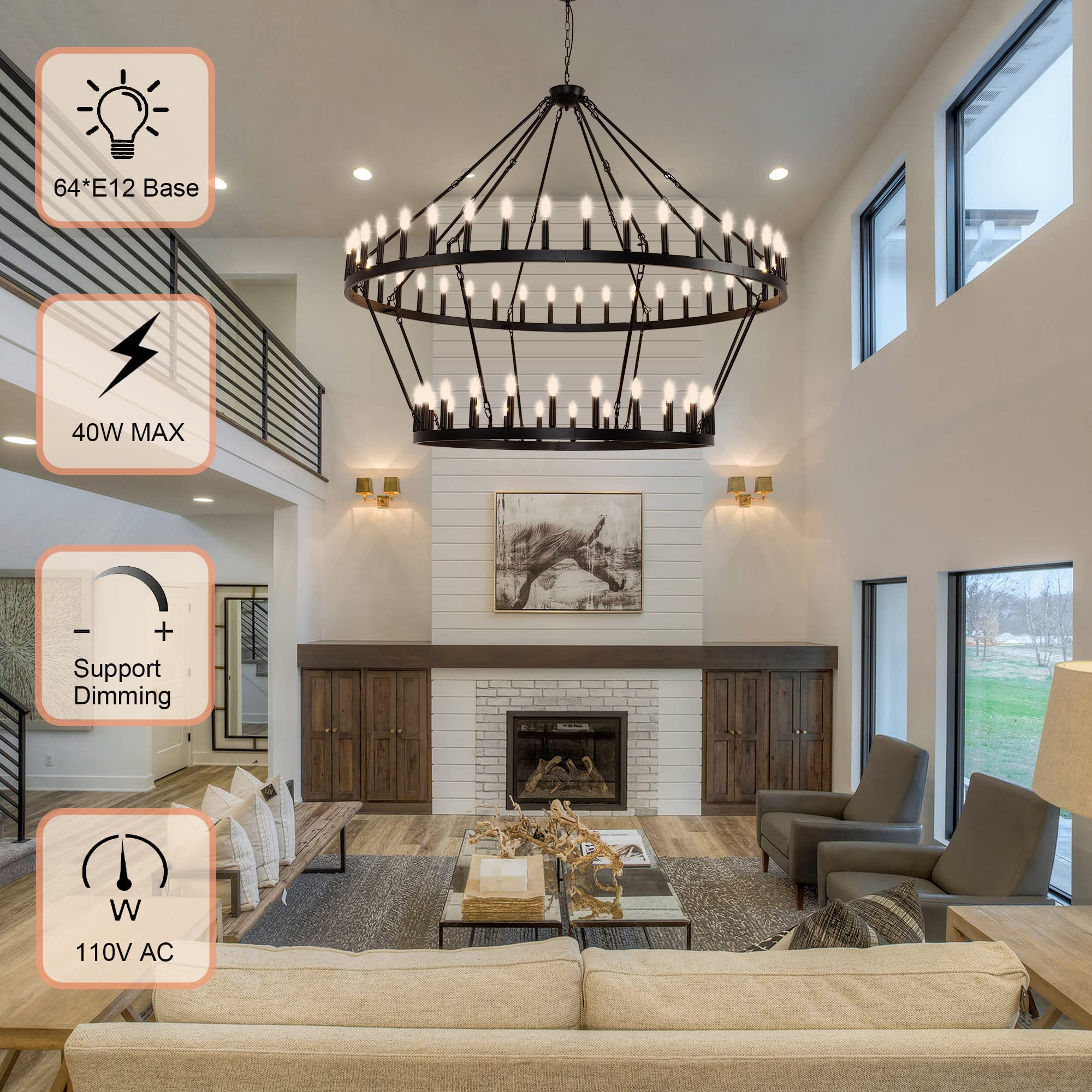 70 Inch Extra Large Wagon Wheel Chandelier - 2 Tier 64-Lights Black Farmhouse Pendant Light Fixture, Round Rustic Hanging Ceiling Light for Dining Room, Living Room, Foyer & High Ceiling Spaces