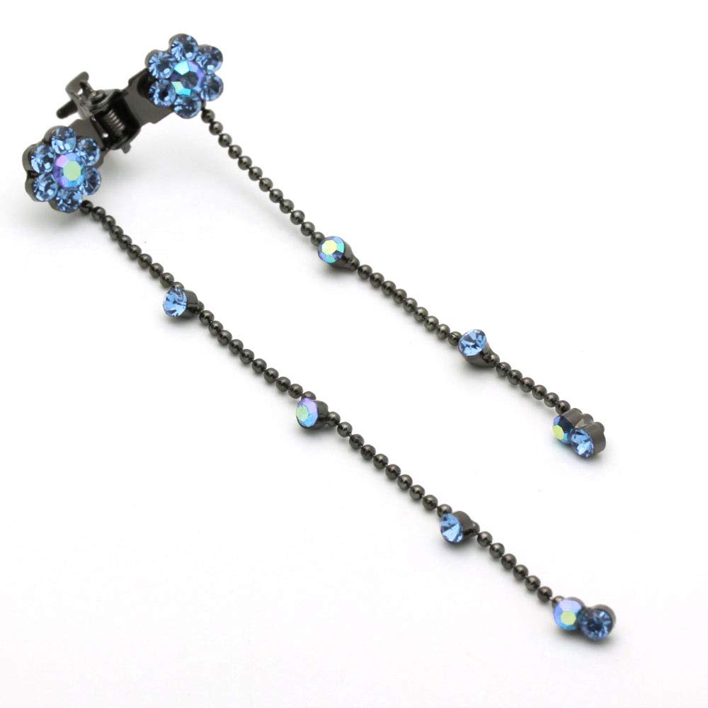 Elegant Blue Rhinestone Flower Hair Clips for Women - Drop Dangling Hair Pins Set of 2 | Perfect for Weddings, Parties & Everyday Hairstyles