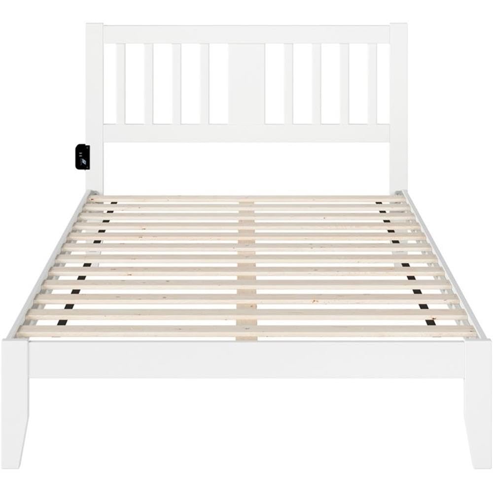 BOWERY HILL Full Size Spindle Bed Frame with USB Turbo Charging Ports - White Wooden Platform Bed for Modern Bedroom & Guest Room