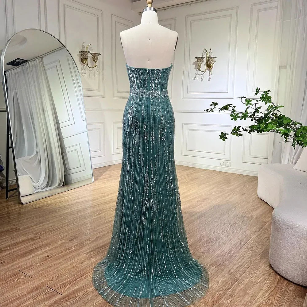 Elegant Light Blue Pearls Luxury Dubai Evening Dress - Strapless Gown LA71950 for Prom, Wedding, and Formal Events