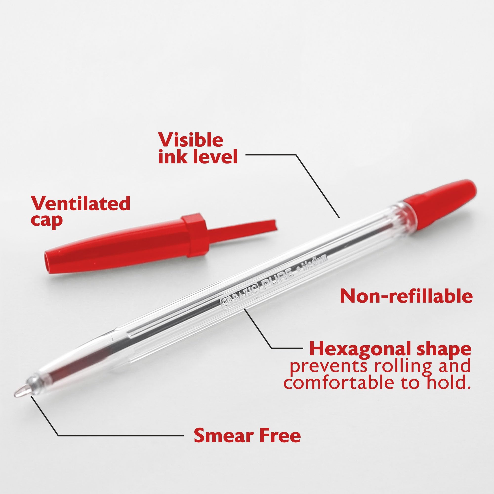 BAZIC Pure Red Stick Pens - 12 Pack of Smooth Writing Ballpoint Pens for Office, School & Note Taking
