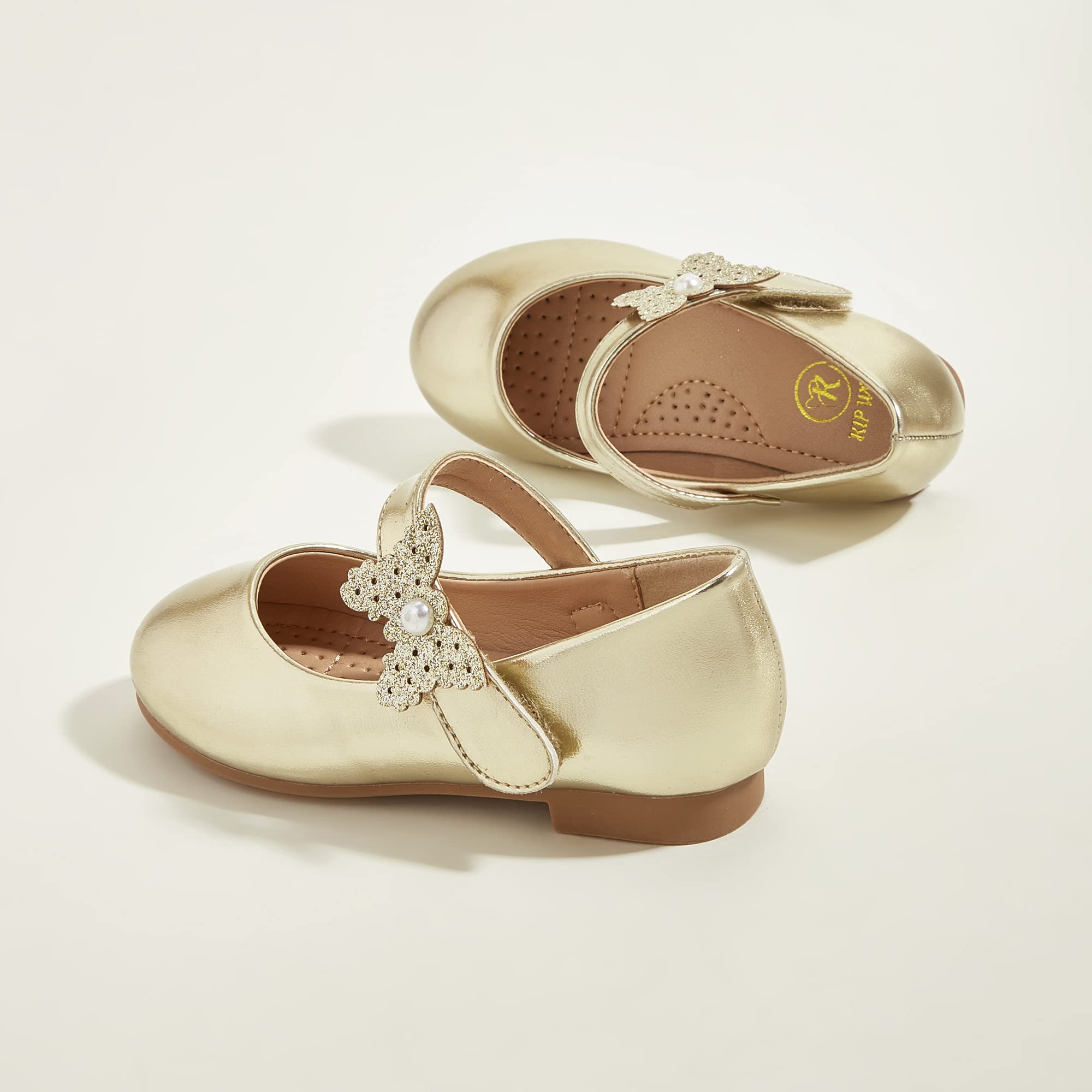 K KIP WOK Toddler Girls Mary Jane Shoes with Glitter & Flower Design - Comfortable Ballet Flats for Wedding, Party & Special Occasions