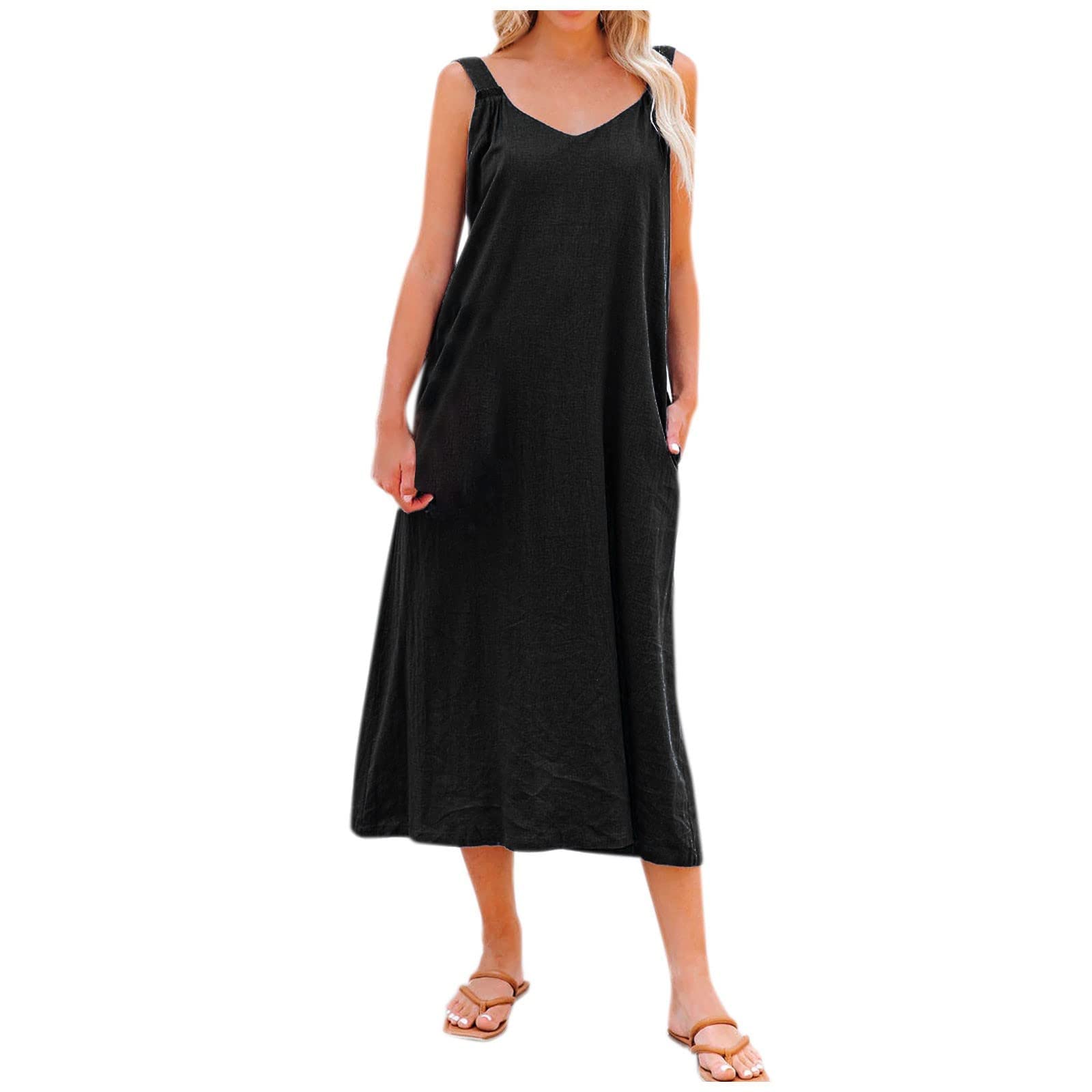 Maqroz Women's Summer Dresses - Sleeveless V-Neck Midi Sundress, Backless Solid Color Plus Size Beach Dress with Pockets | Perfect for Vacations, Pool Parties & Casual Outings