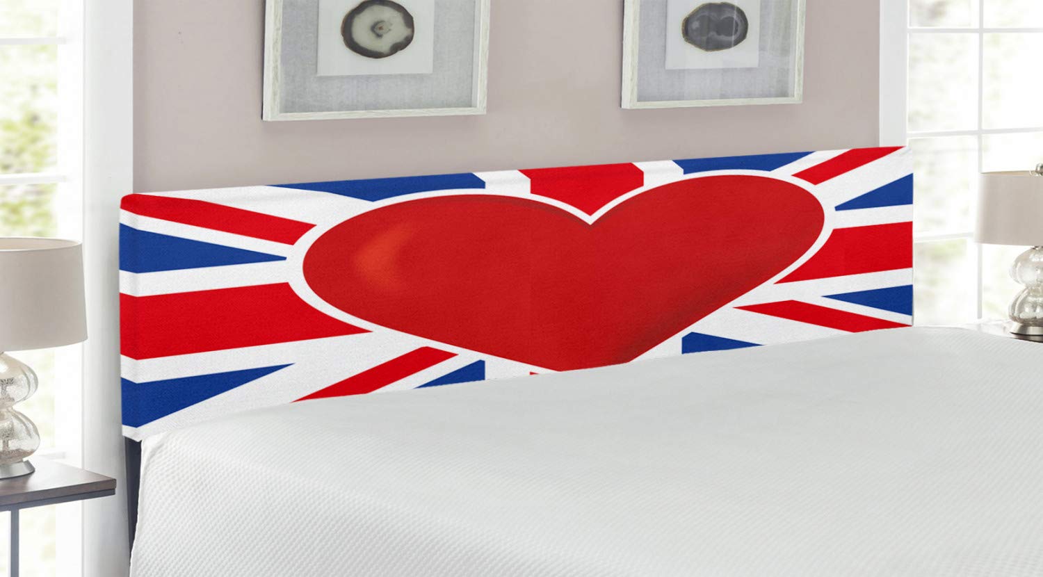 Ambesonne Union Jack Headboard - British Flag with Red Heart, Upholstered Metal Bed Frame with Memory Foam, King Size in Royal Blue, Red & White | UK Pride Decor for Bedroom, Dorm, Guest Room