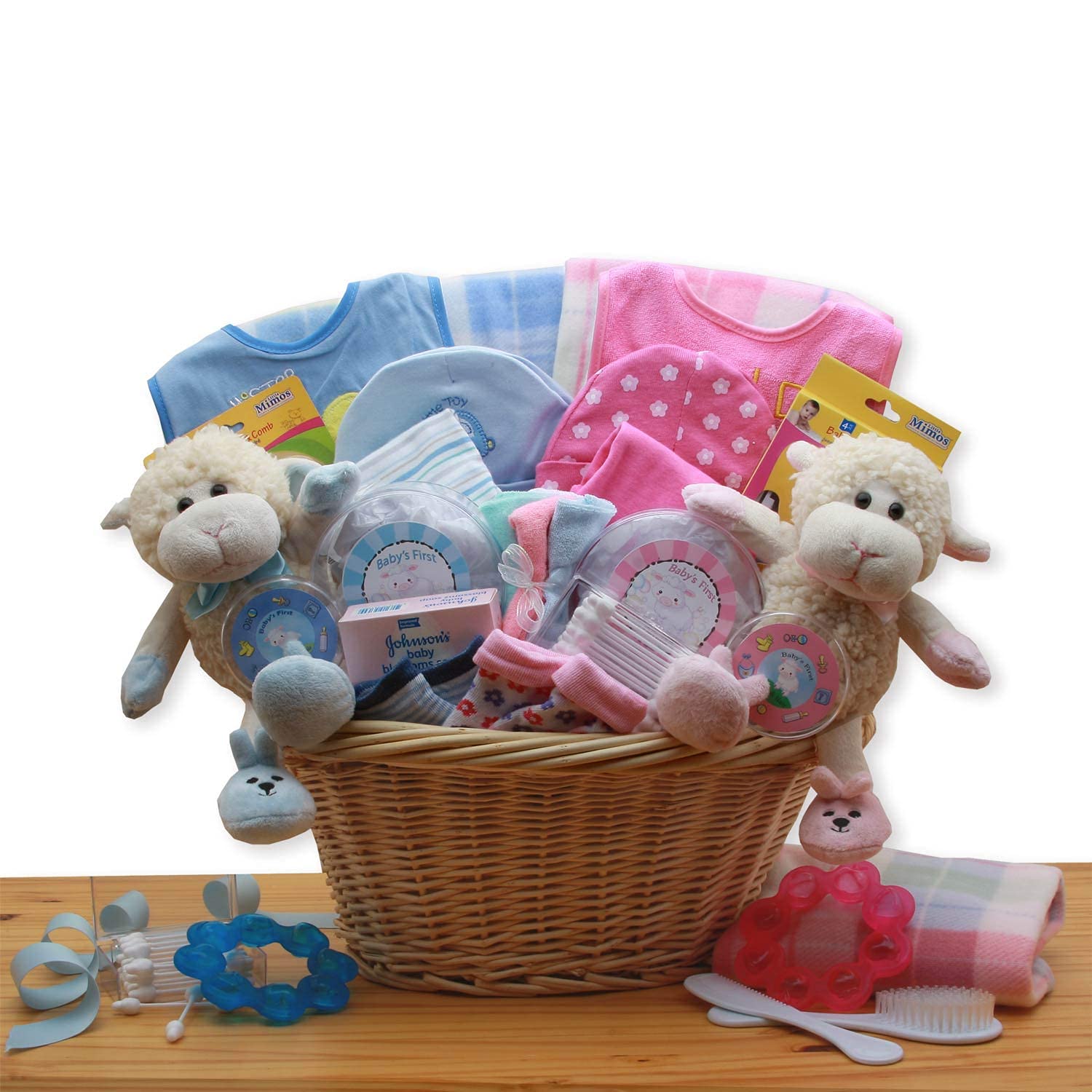 Double Delight Twins Newborn Gift Basket - Pink & Blue Baby Shower Present for Boy & Girl - Perfect for Hospital Welcome, Baptism & First Birthday Celebrations
