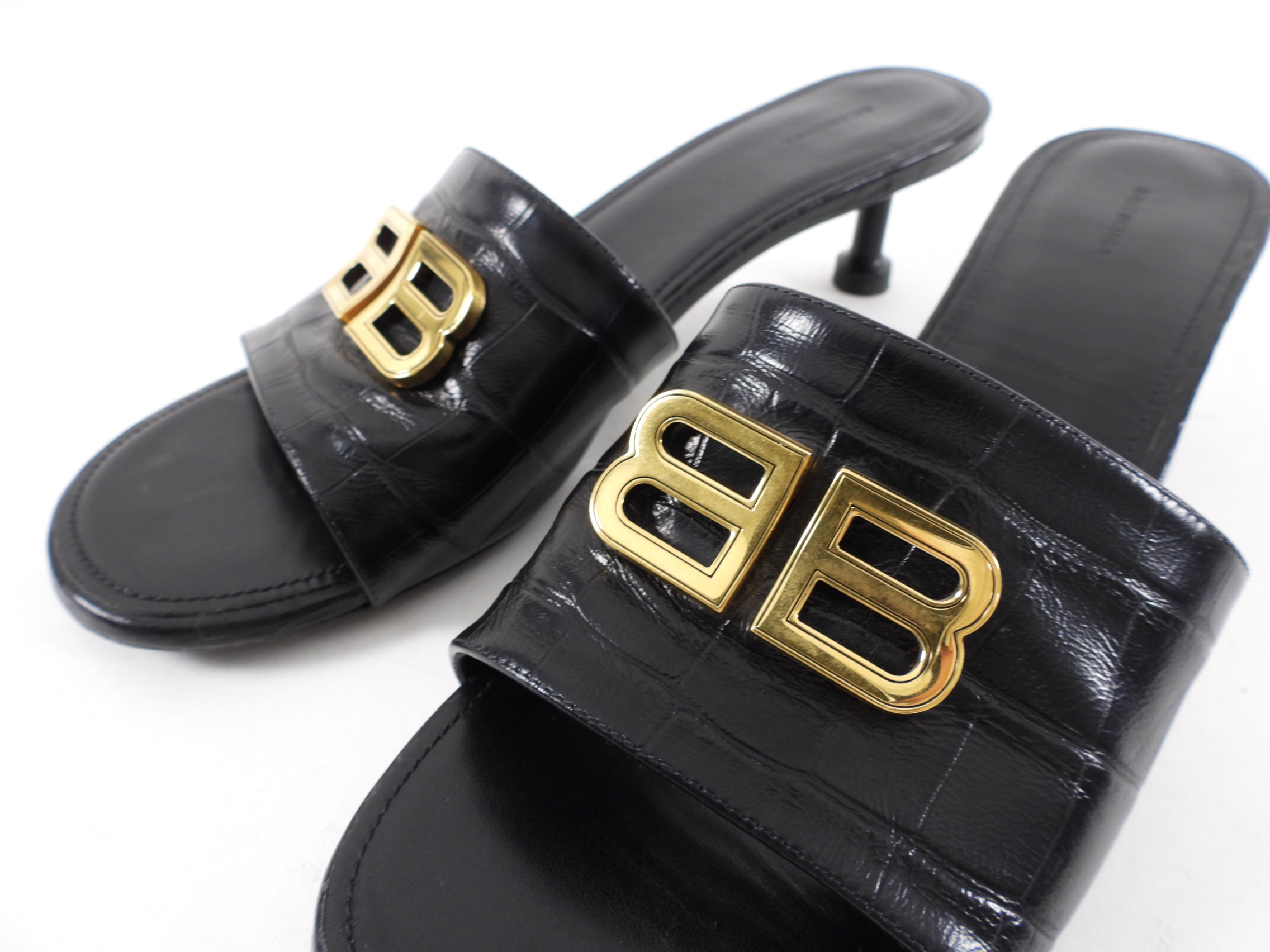 Balenciaga Black Embossed Leather BB Mules - Women's Designer Slip-On Shoes Size 40 | Luxury Comfort for Casual Outings & Office Wear