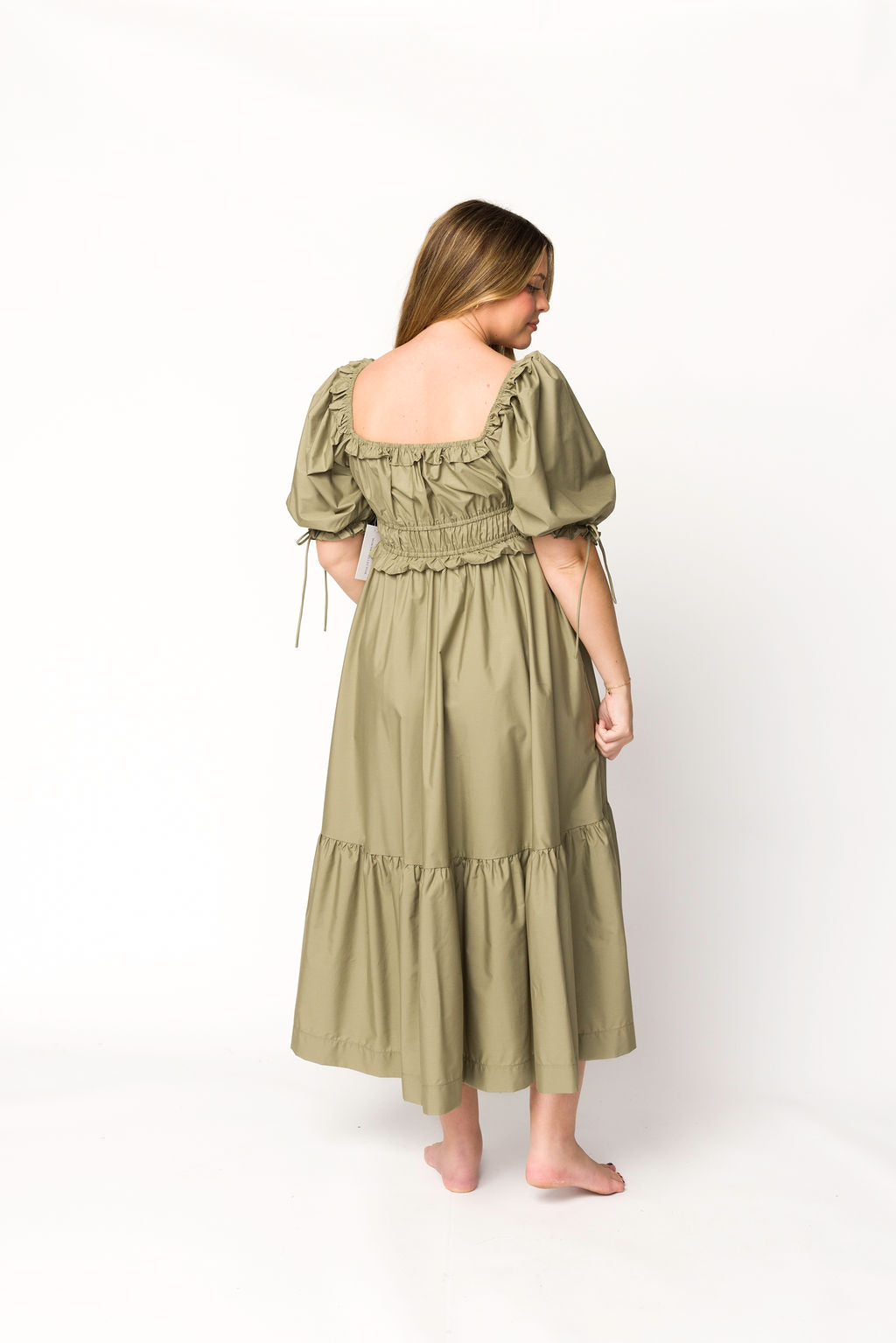Crissy Ruched Midi Dress in Dusty Olive - Bump Friendly Maternity Dress for Women, Stretchy Bodycon Dress for Pregnancy & Nursing - Perfect for Baby Showers, Date Nights & Special Occasions