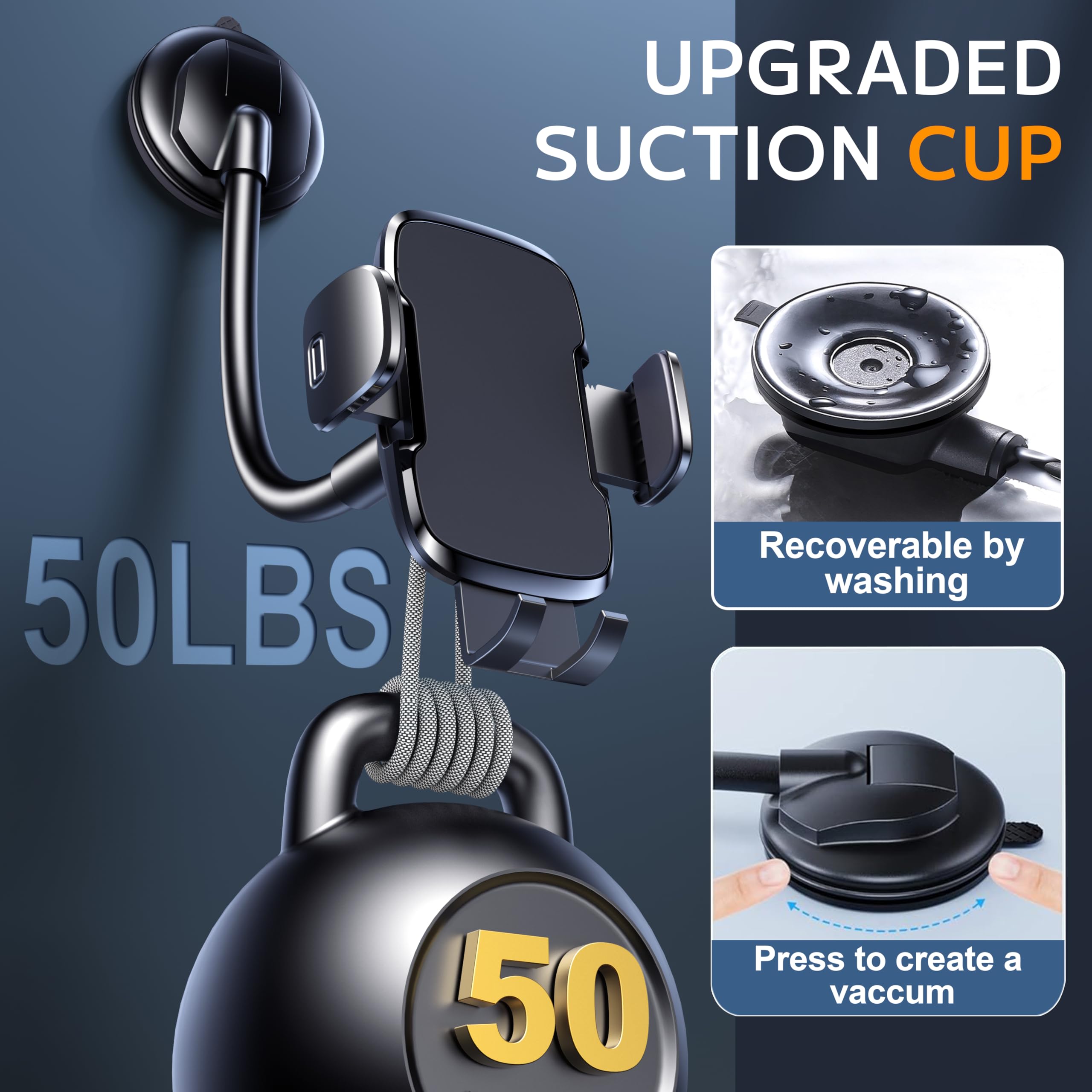 Flexible Car Phone Holder with Strong Suction Cup - for iPhone & Android - Dashboard & Windshield Mount