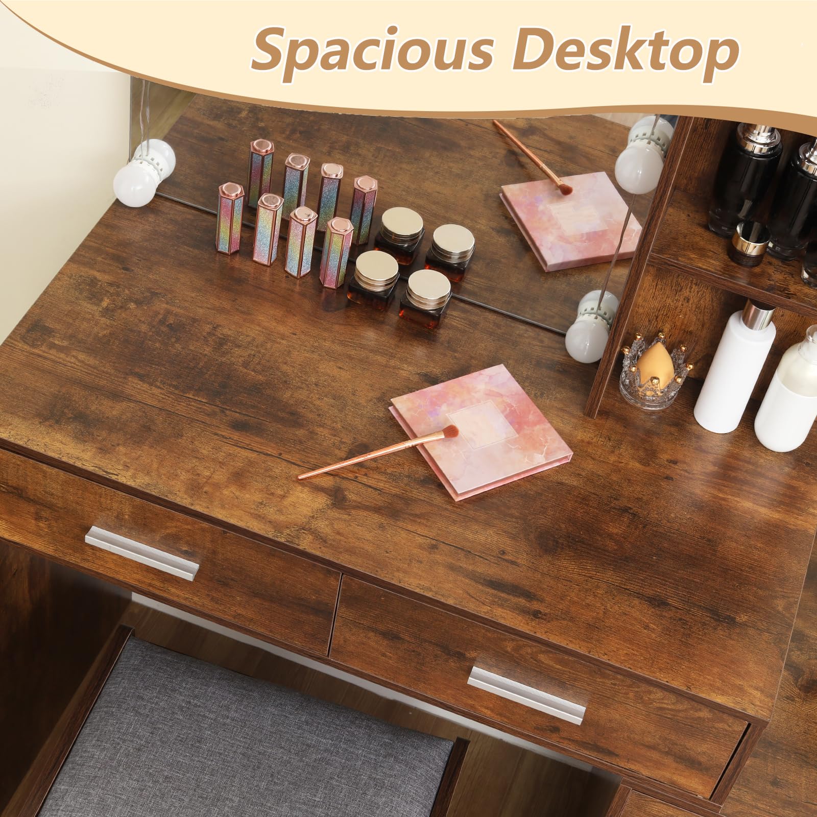 USIKEY 43.5 Inch Large Makeup Vanity Desk with LED Lights & Mirror - 5 Drawers Vanity Table Set with Storage Shelves & Stool for Women & Girls (Rustic Brown) - Perfect for Bedroom, Dressing Room & Beauty Salon