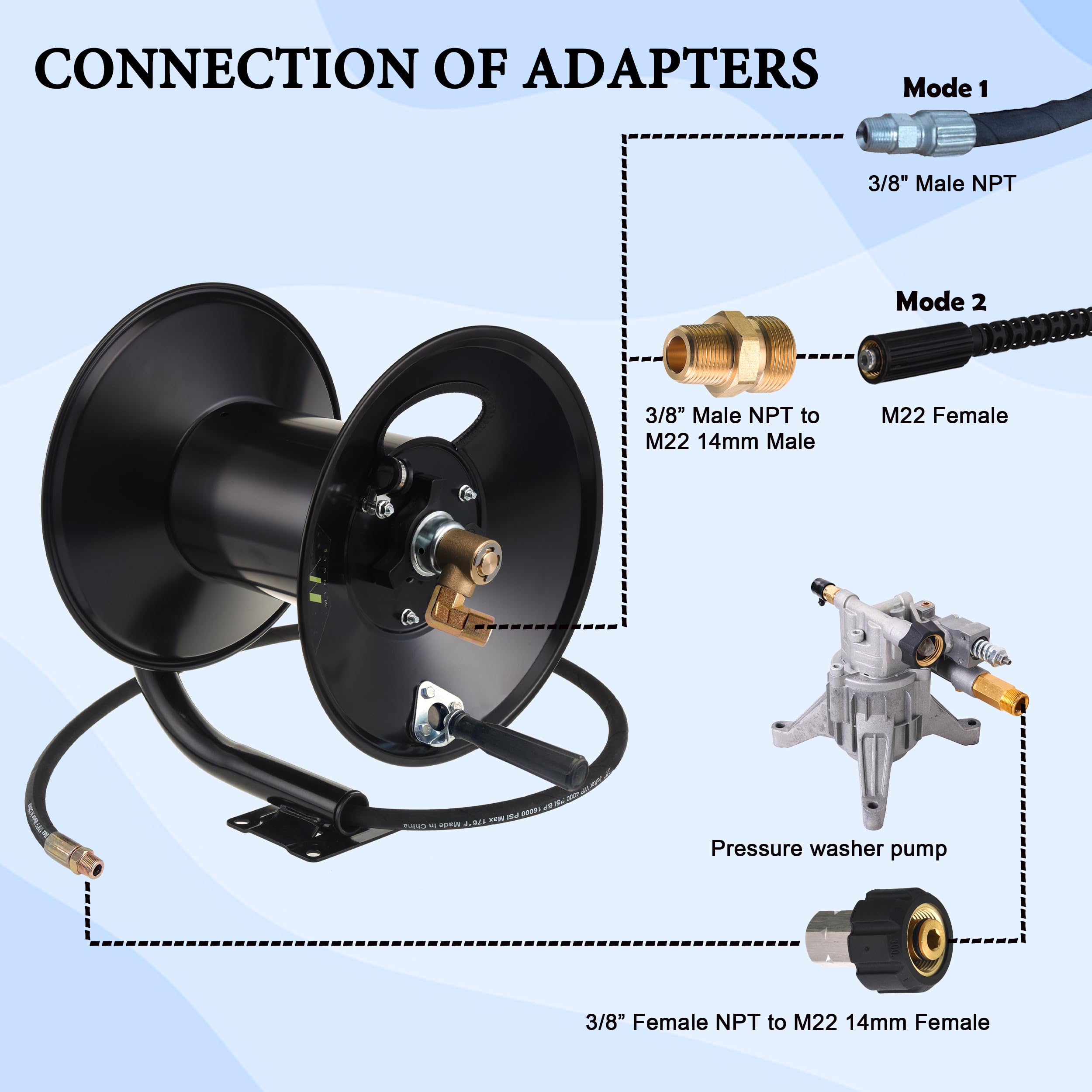M MINGLE 150ft High Pressure Washer Hose Reel with 100 FT x 1/4