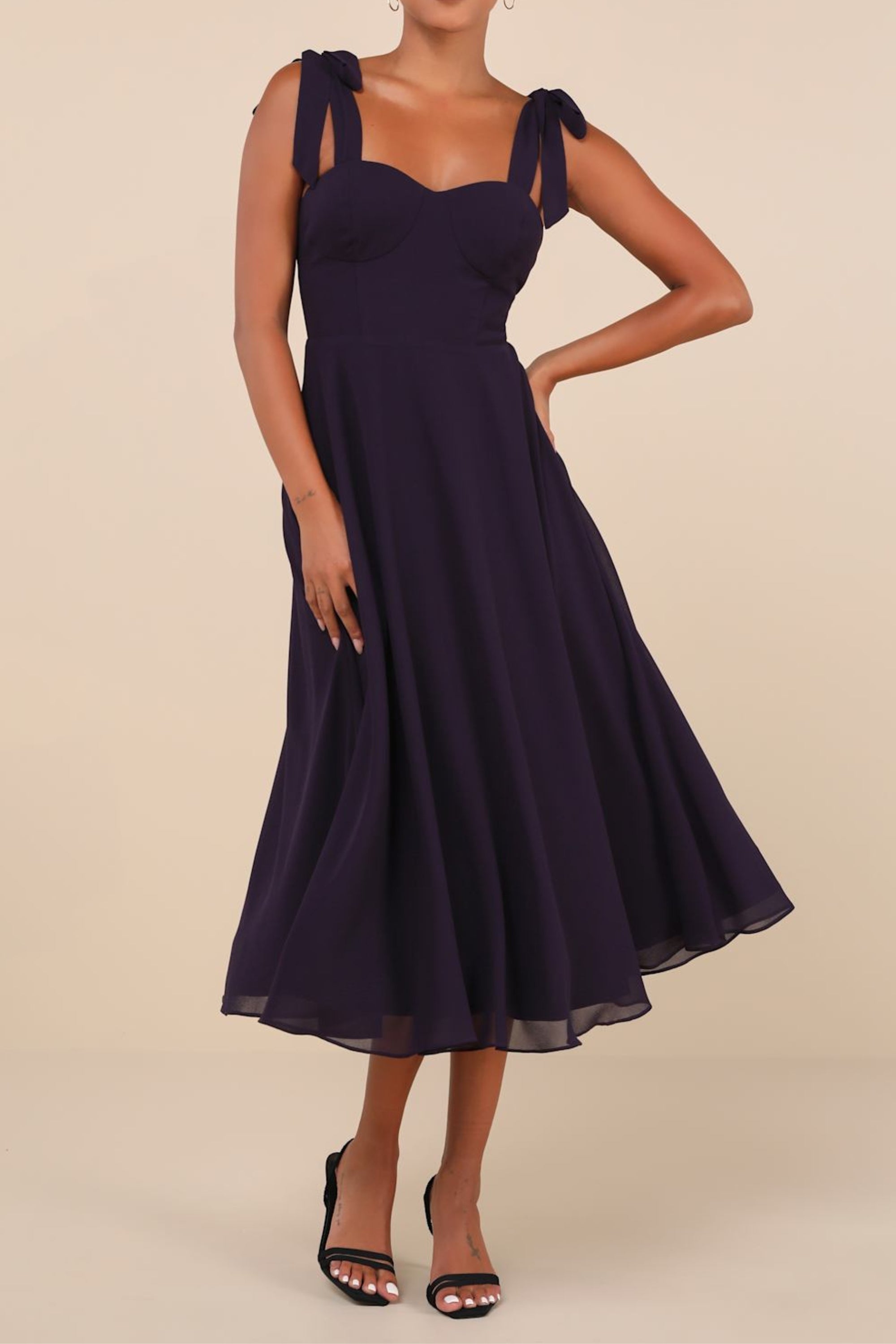 Elegant Purple and Blue Tie Strap A-Line Midi Dress for Women | Flowy Summer Party Cocktail Dress | Perfect for Weddings, Date Nights & Office Wear