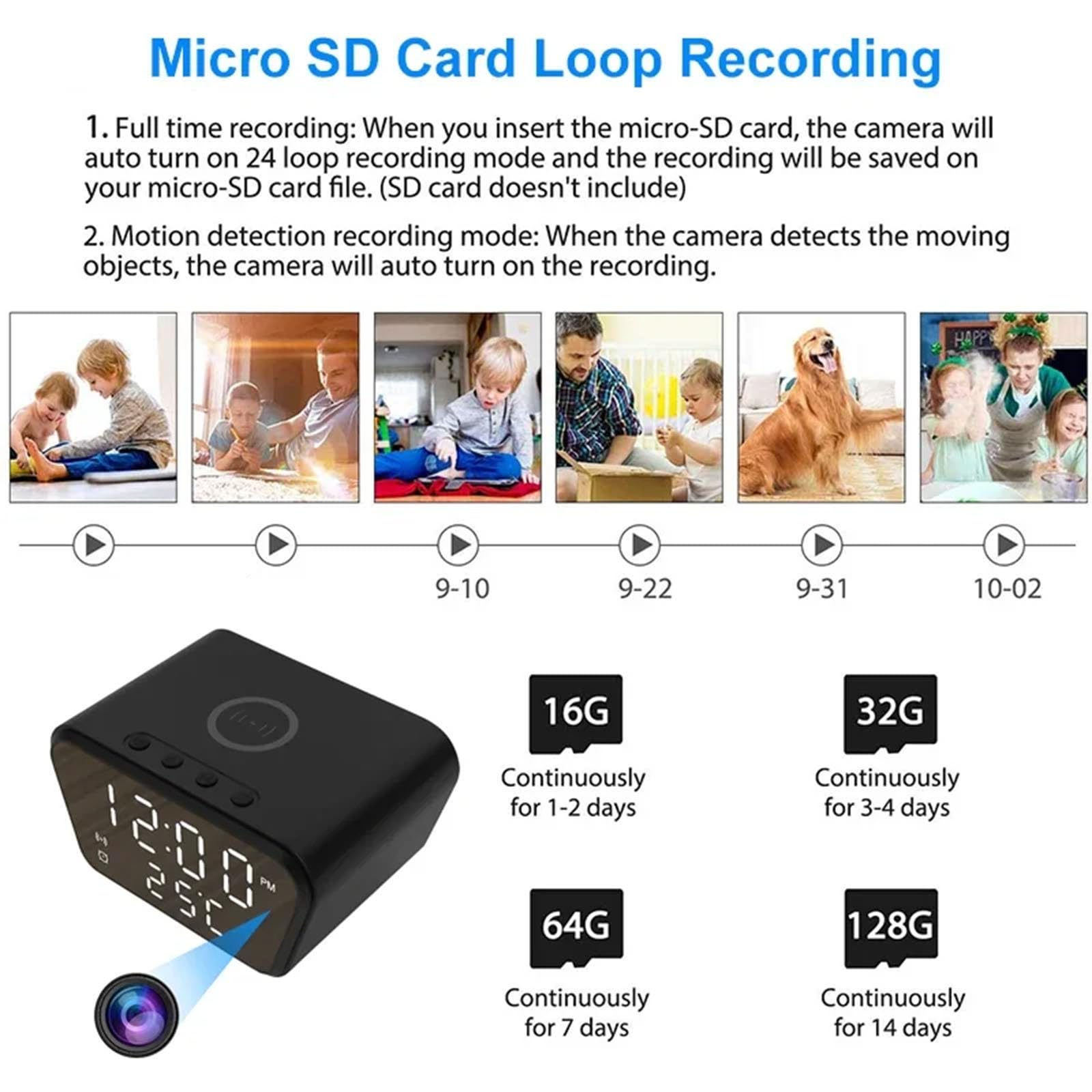 FKINGLRK 1080P Hidden Camera Clock - Wireless Charging, Digital Alarm, Temperature Monitor & Auto Loop Recording - Perfect for Home Security, Office Monitoring & Travel Safety
