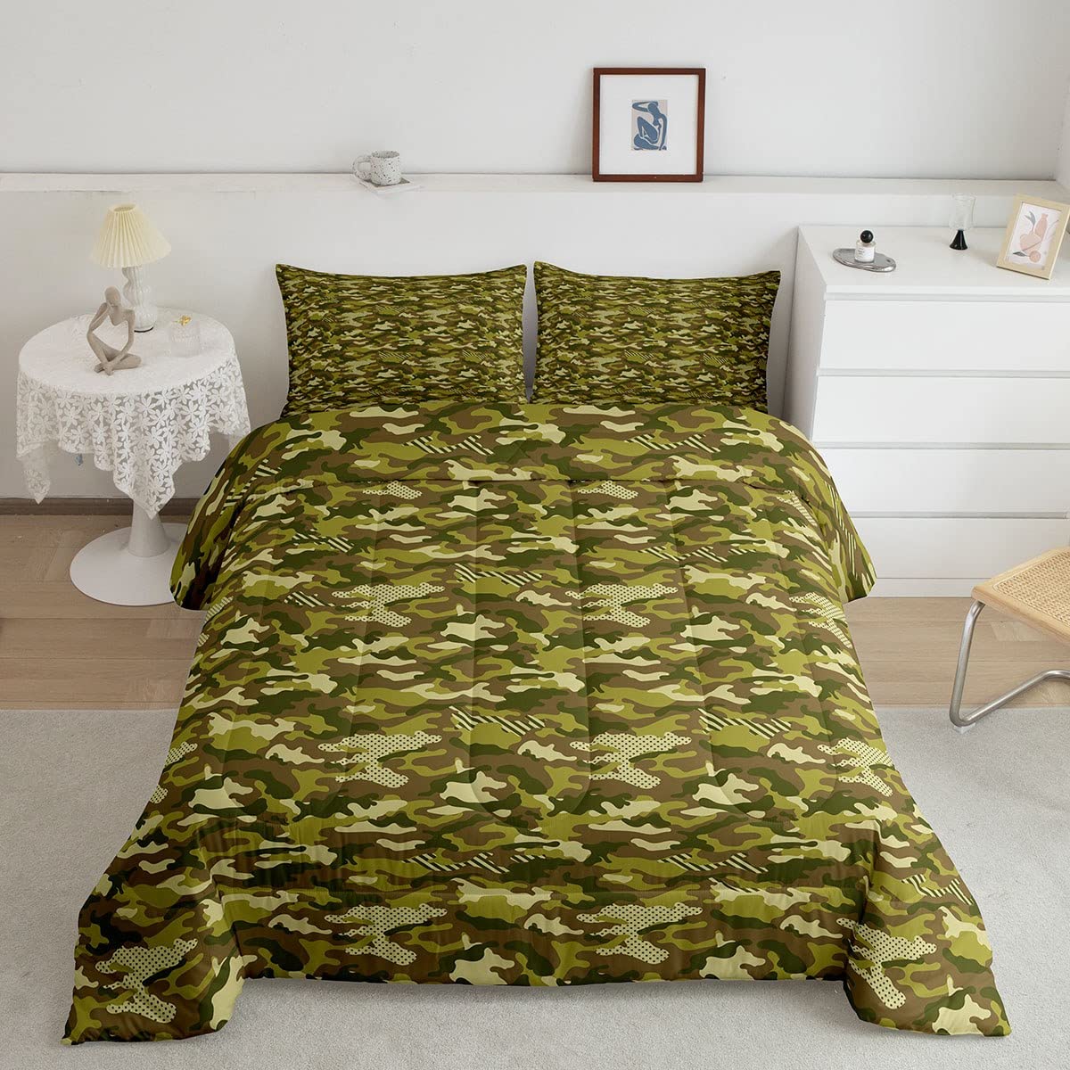 Erosebridal 3-Piece Camo Comforter Set - Queen Size Military Camouflage Green Bedding for Kids, Teens, Boys & Men | Ultra Soft, Warm, Breathable & Lightweight All-Season Down Alternative Comforter with Pillowcase | Perfect for Bedroom Decor, Dorm Room, Camping & Outdoor Adventures