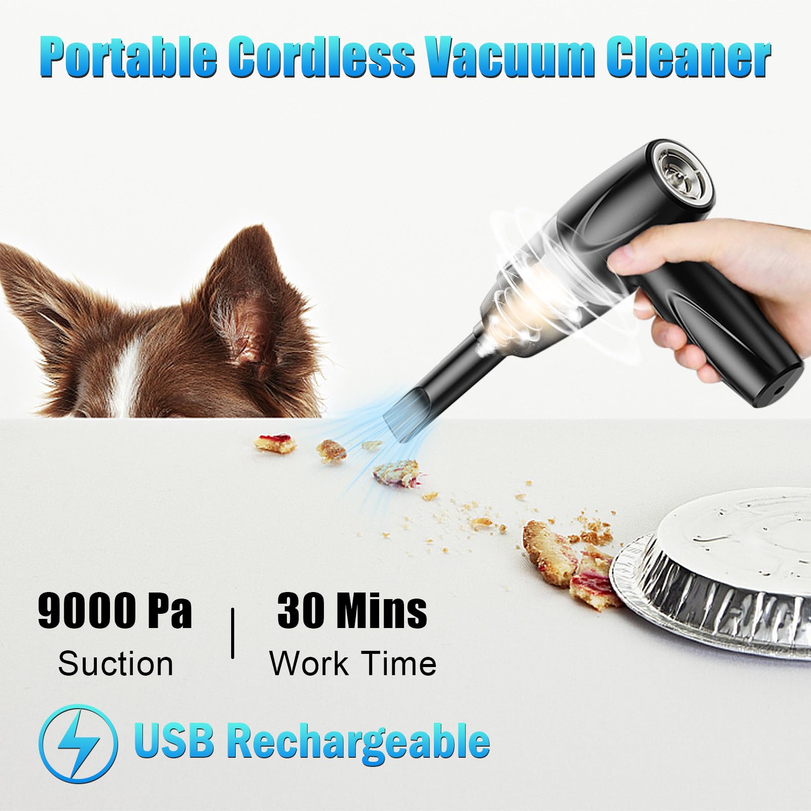 Howtine Cordless Vacuum Cleaner 9000Pa, Handheld USB Rechargeable for Home & Car Cleaning