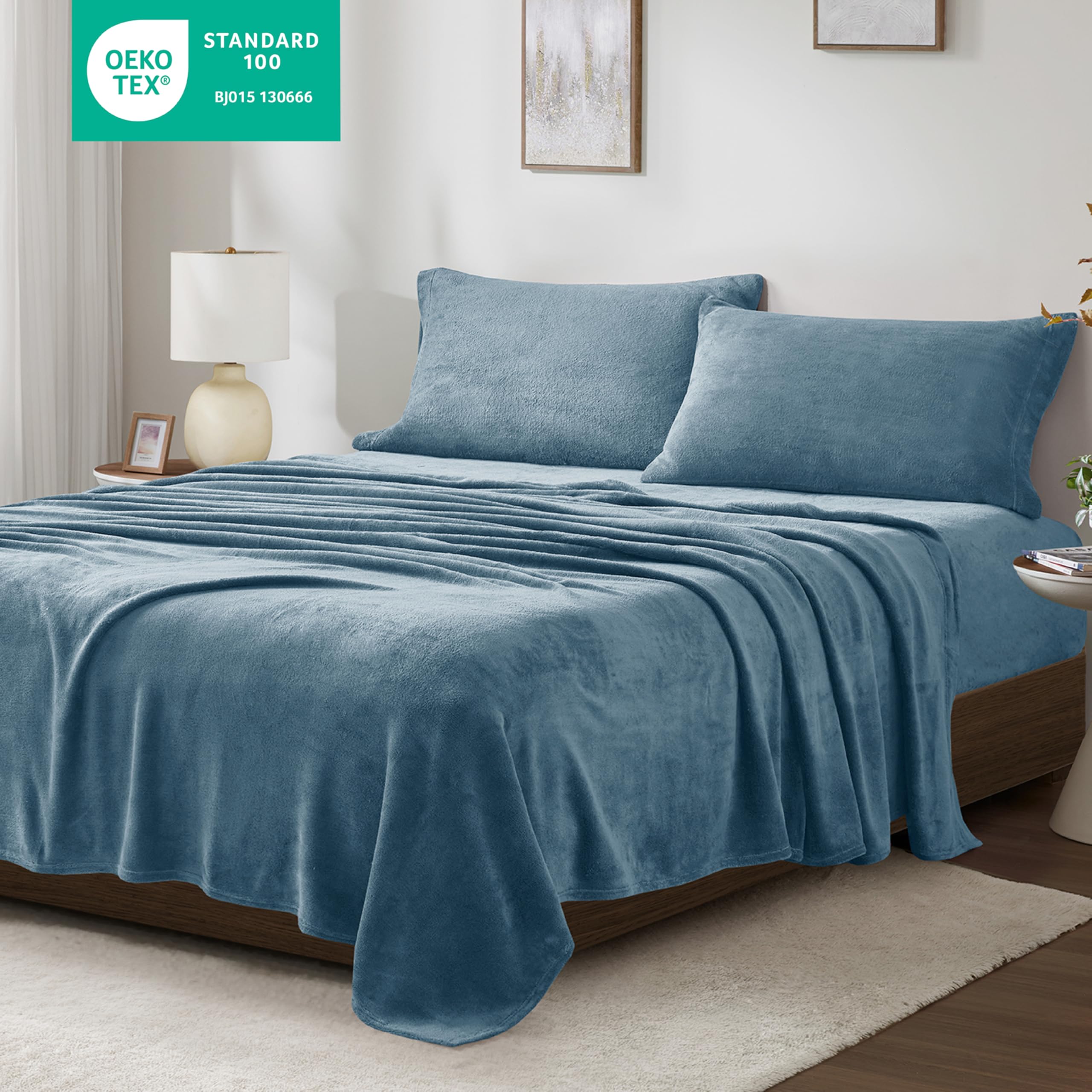 True North by Sleep Philosophy 4-Piece Plush Sheet Set - Queen Size, Solid Blue, Ultra Soft & Warm Bedding, Fitted Pocket Fits 16