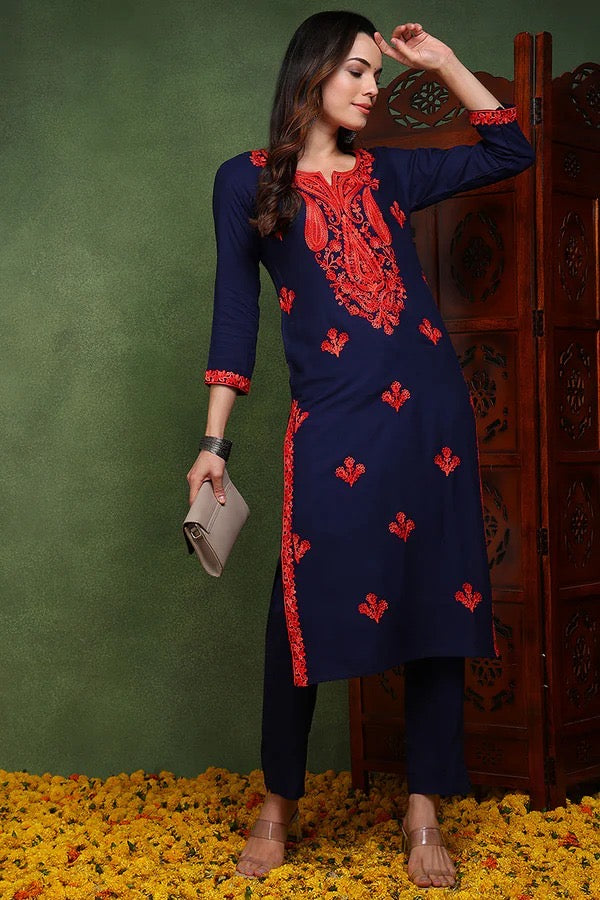 Elegant Dark Blue Chikankari Kurti for Women | Traditional Indian Embroidered Tunic Top | Perfect for Festivals, Weddings & Casual Wear