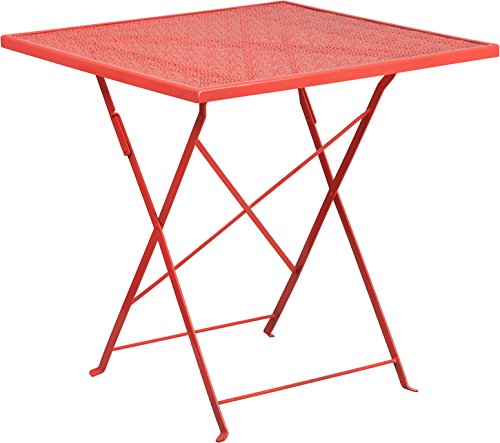 StarSun Depot 28 Inch Square Coral Folding Table - Indoor Outdoor Steel Patio Dining Table 28