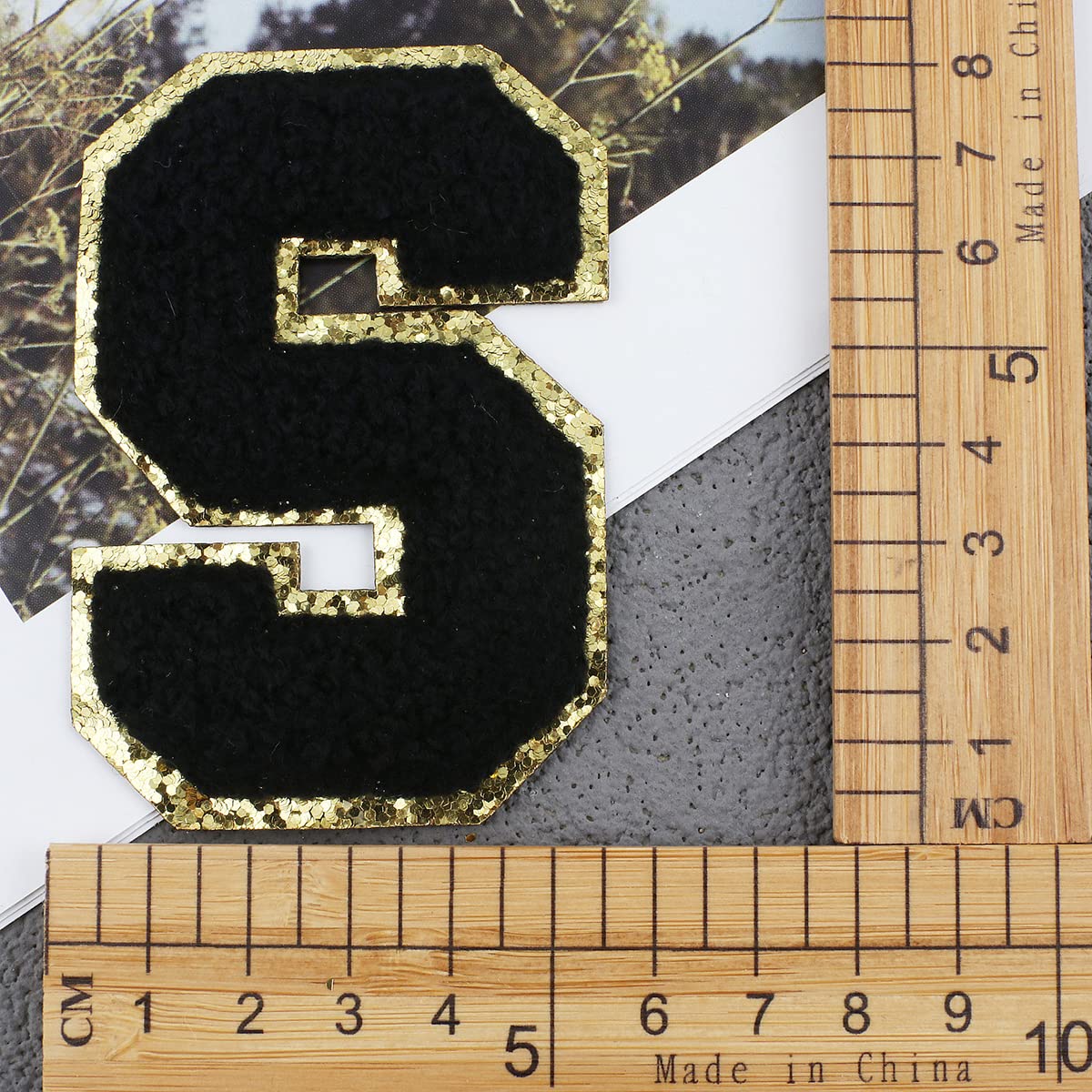 **A-Z Chenille Embroidered Letter Patches with Gold Sequins Edge - 26PCS Iron On & Sew On Alphabet Appliques for Hats, Jackets, Shirts, Vests, Jeans - Perfect for DIY Customization, Fashion Repair & Personalized Gifts (Black)**
