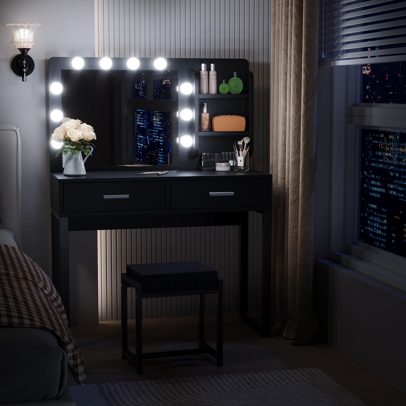 Semiocthome Makeup Vanity Desk with Mirror and LED Lights, Vanity Table with Shelves, 2 Drawers & Sturdy Metal Frame, 3 Lighting Modes & Adjustable Brightness - Dressing Table with Chair for Bedroom, Bathroom & Dorm Room (Black)