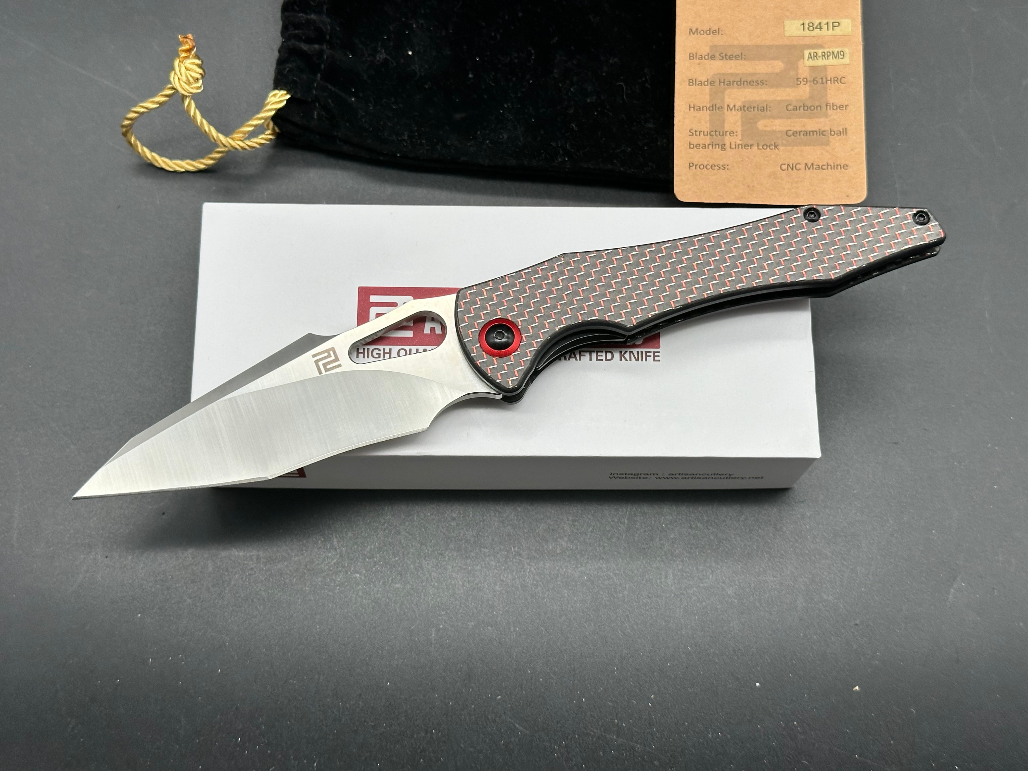 ARTISAN CUTLERY GREAT WHITE Folding Knife - Black & Red Carbon Fiber Handle, EDC Pocket Knife for Outdoor Camping, Hiking & Everyday Carry