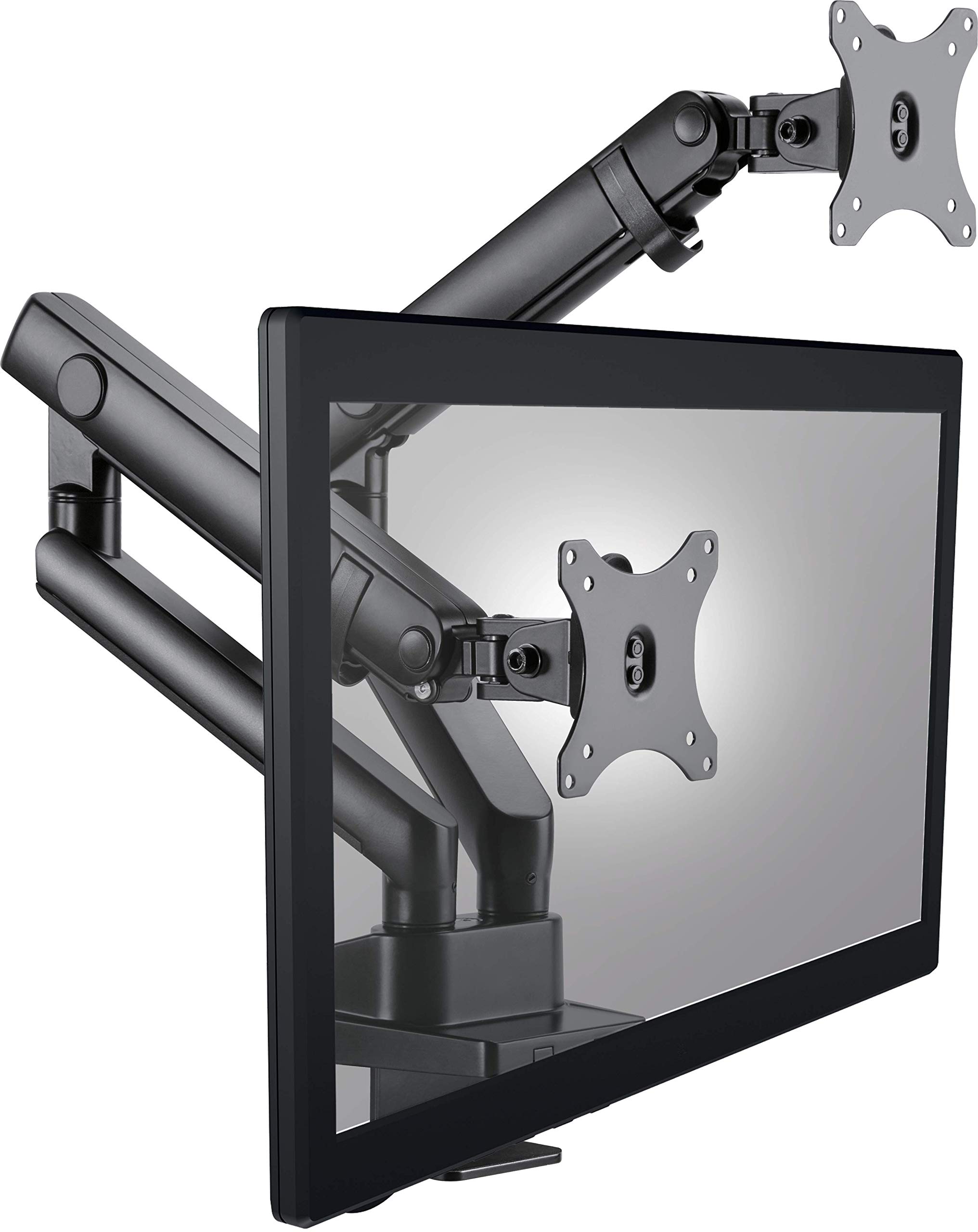 ICY BOX Dual Monitor Mount for 2 Screens up to 32 Inches - Heavy Duty Steel Arm with C-Clamp and Grommet Base - Adjustable VESA 75x75/100x100 - Ergonomic Desk Mount for Home Office, Gaming Setup & Workspace (Black)