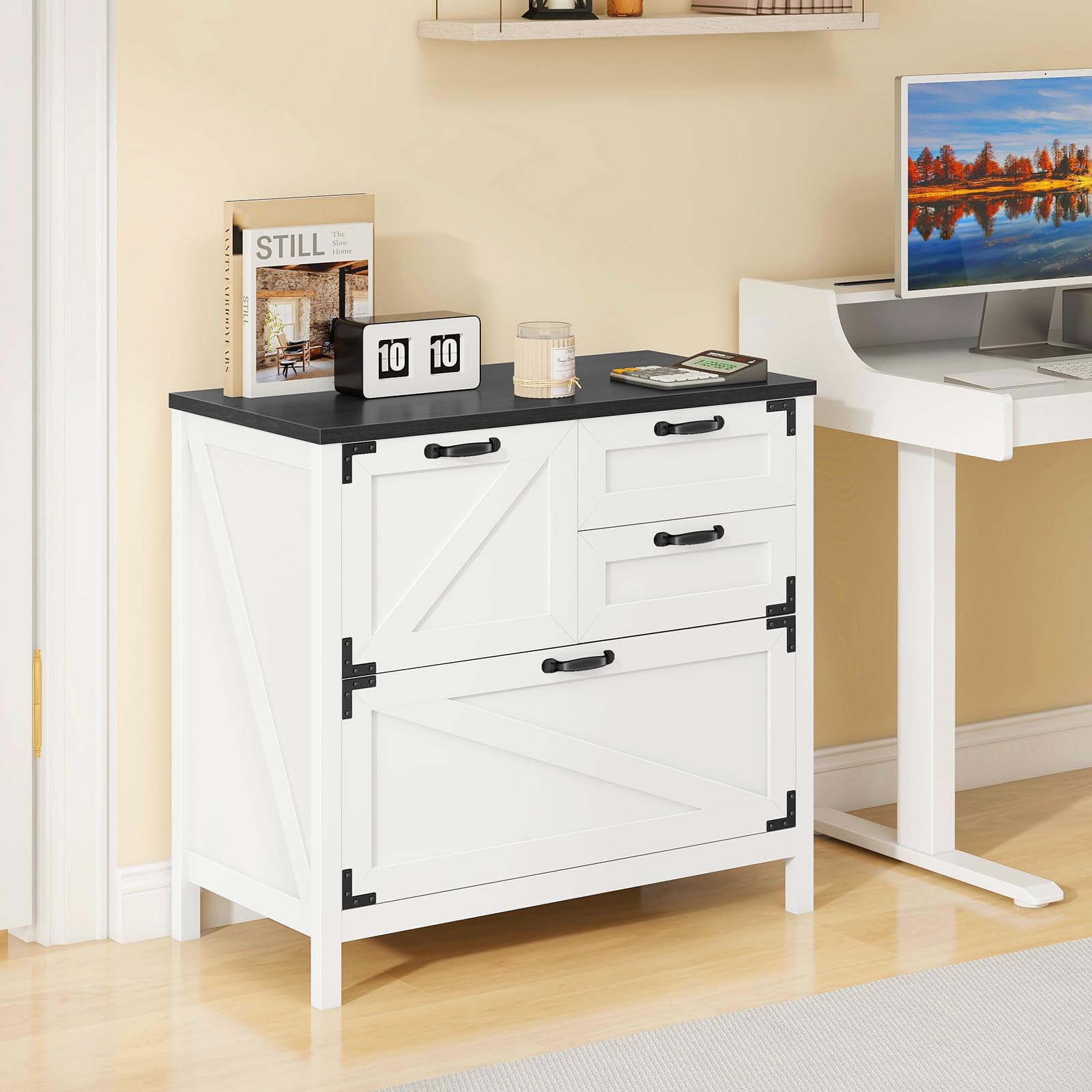 4-Drawer Farmhouse Lateral File Cabinet for Letter/Legal/A4 Files - Wooden Office Storage Cabinet with Hanging File System, Printer Stand for Home & Office (White/Black) - Perfect for Document Organization & Workspace Storage