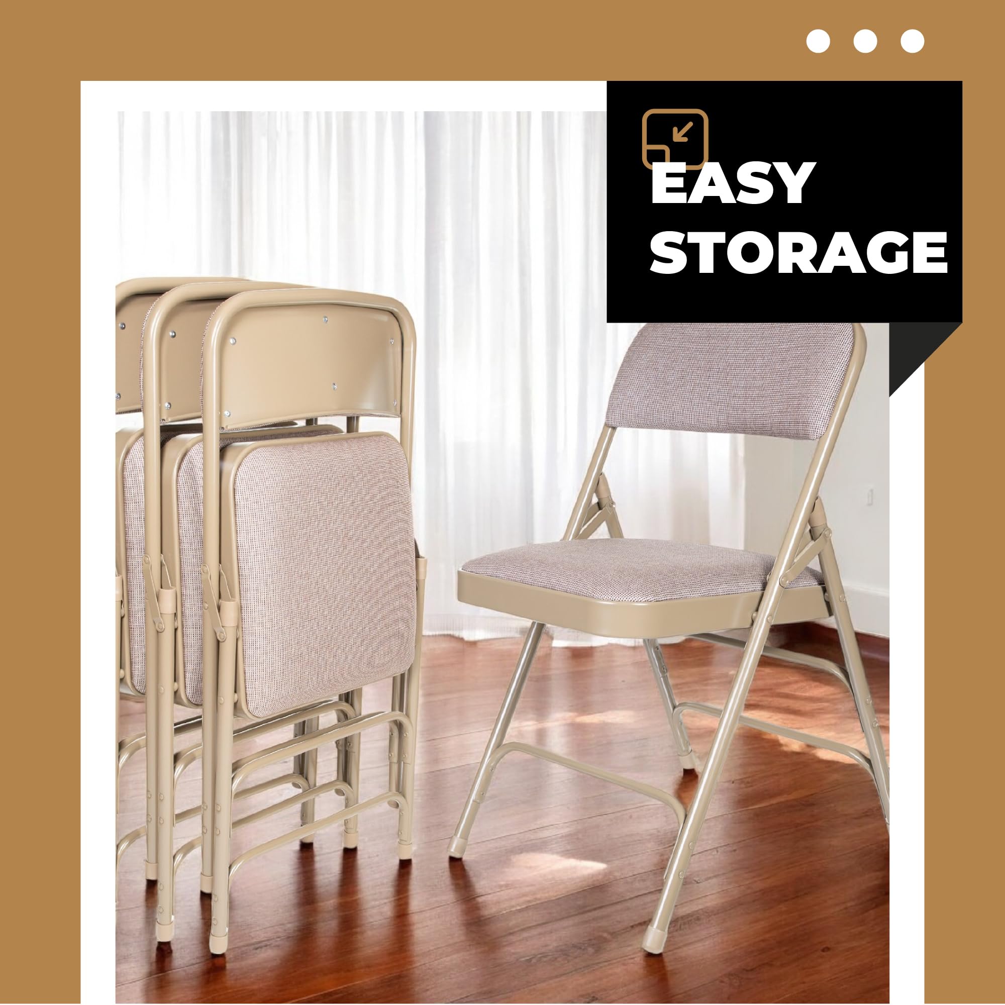 Premium Fabric Upholstered Steel Folding Chairs 4-Pack - Comfortable Beige Stackable Chairs for Weddings, Parties, Events & Home Dining