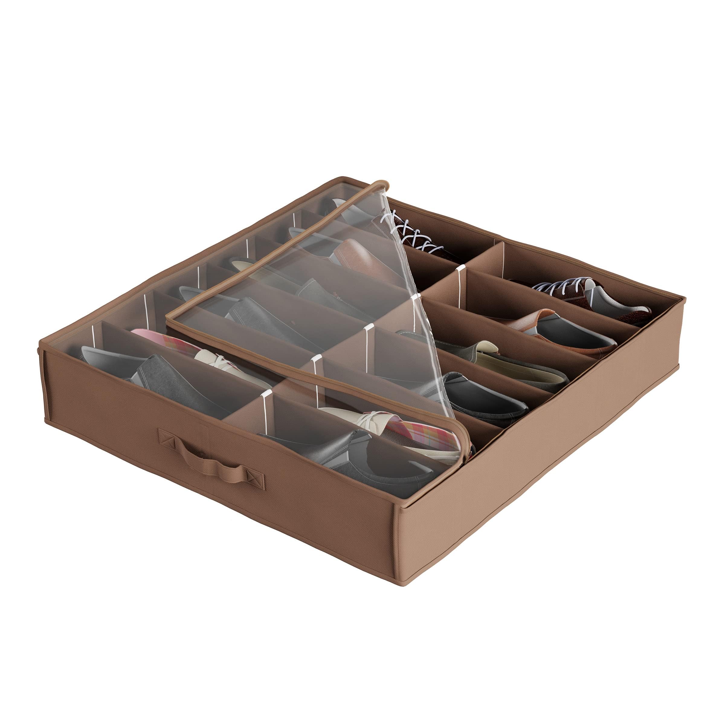 Under Bed Shoe Storage Organizer - Set of 4 Clear Zippered Shoe Boxes Holds 12 Pairs Each - Space Saving Closet & Bedroom Organization Solution by Everyday Home (Brown) - Perfect for Small Spaces, Dorm Rooms & Seasonal Shoe Storage