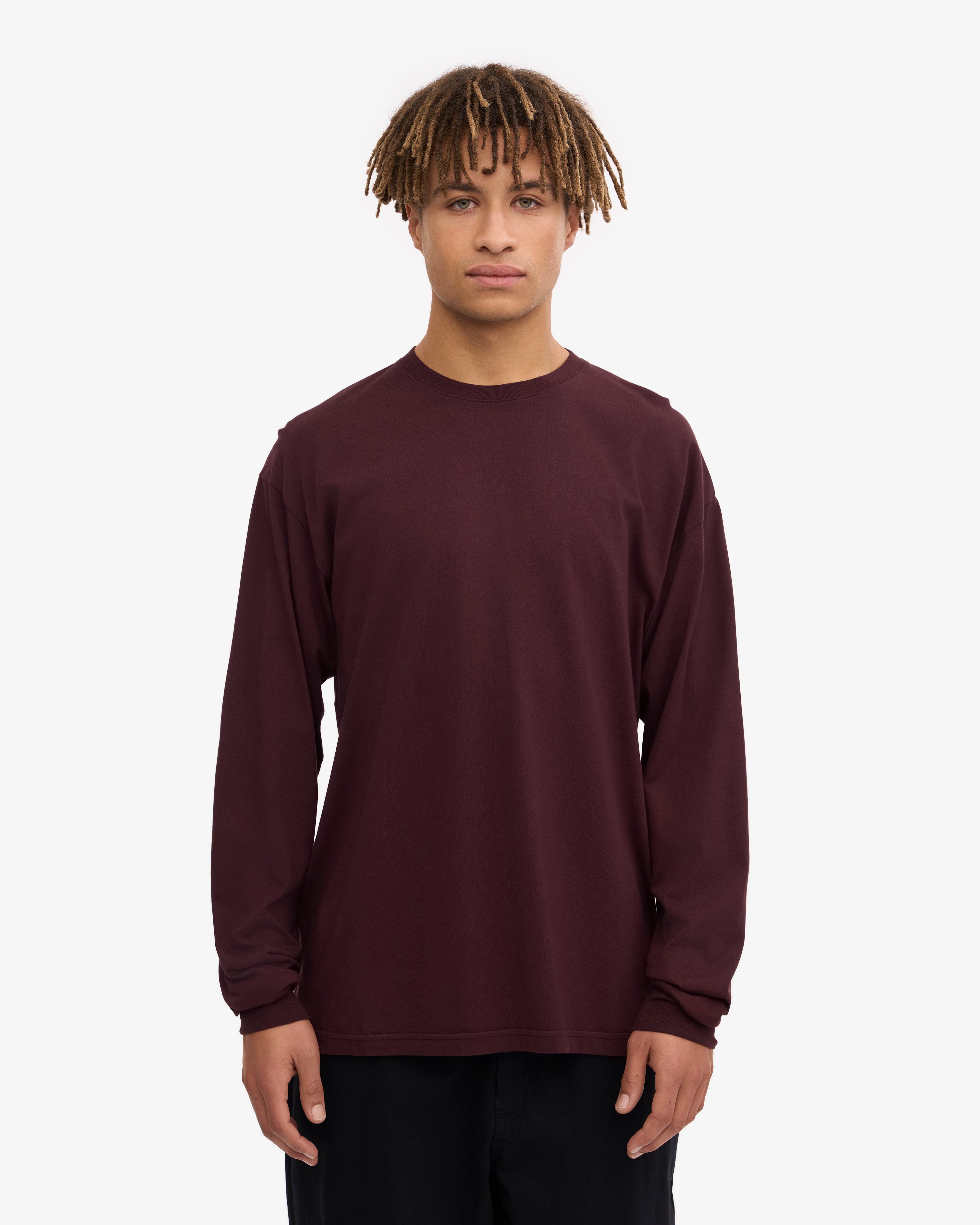 Oversized Organic Long Sleeve T-Shirt for Women - Soft Cotton, Oxblood Red - Perfect for Casual Wear, Layering & Fall Fashion