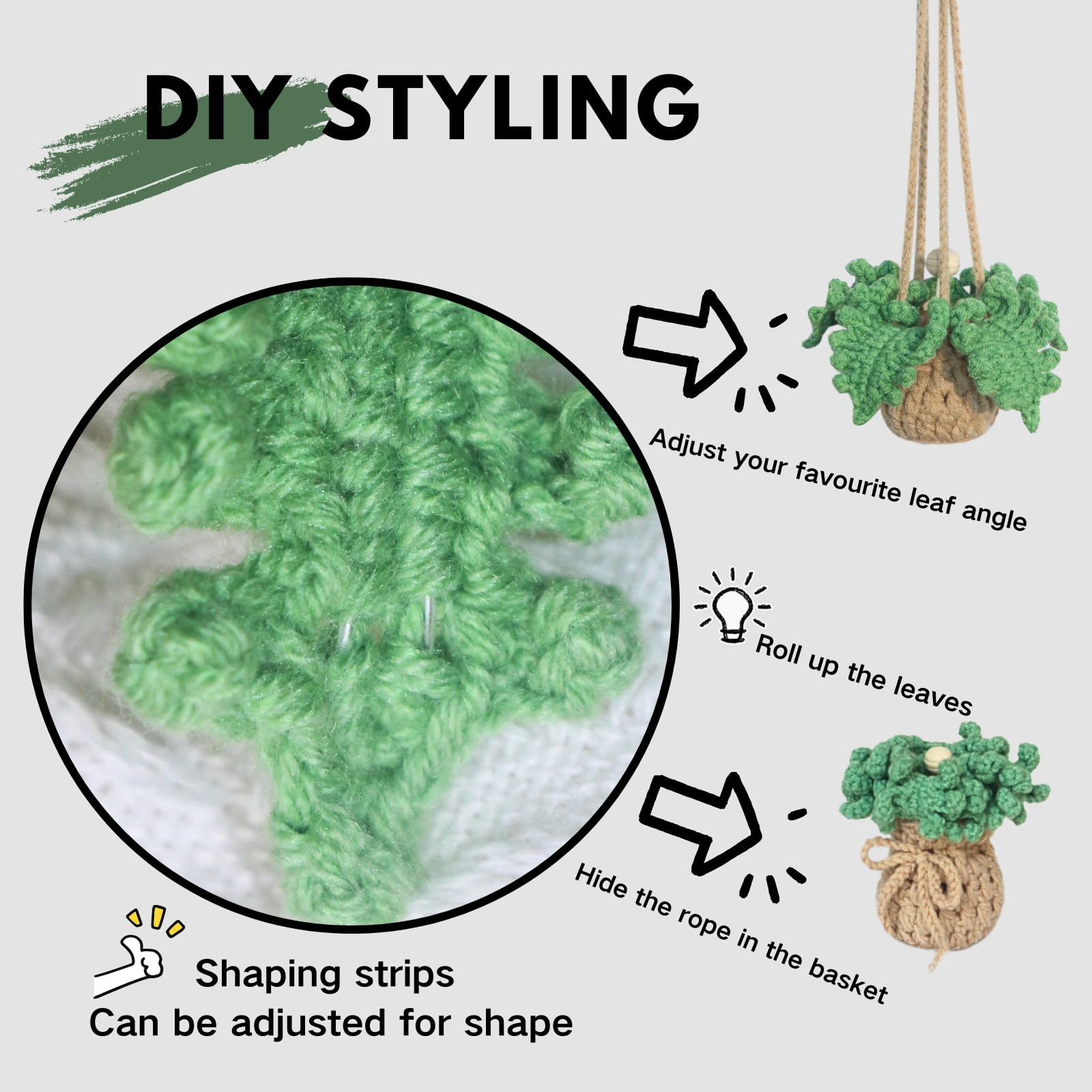 Handmade Crochet Car Air Freshener - Bendable Fern Plant with 8ml Refillable Essential Oil Diffuser | Car Rearview Mirror Hanging Decor, Home & Office Aromatherapy | Perfect for Gifts, Vehicle Accessories, and Relaxation Spaces