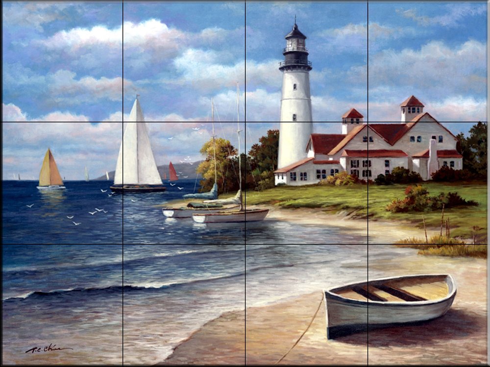 Nautical Ceramic Backsplash Tile Mural - Sailing Ship & Lighthouse Design for Kitchen, Bathroom & Shower - Sailing The Safe Harbor by T.C. Chiu - Perfect for Coastal, Beach House & Nautical Theme Decor