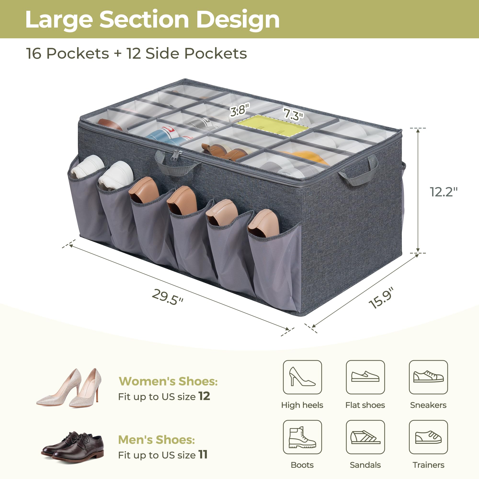 Clear View Fabric Shoe Organizer for Closet - Adjustable Shoe Storage Box with Dividers Holds 16+12 Pairs (Grey, 1-Pack) - Perfect for Bedroom, Entryway & Walk-in Closet Organization