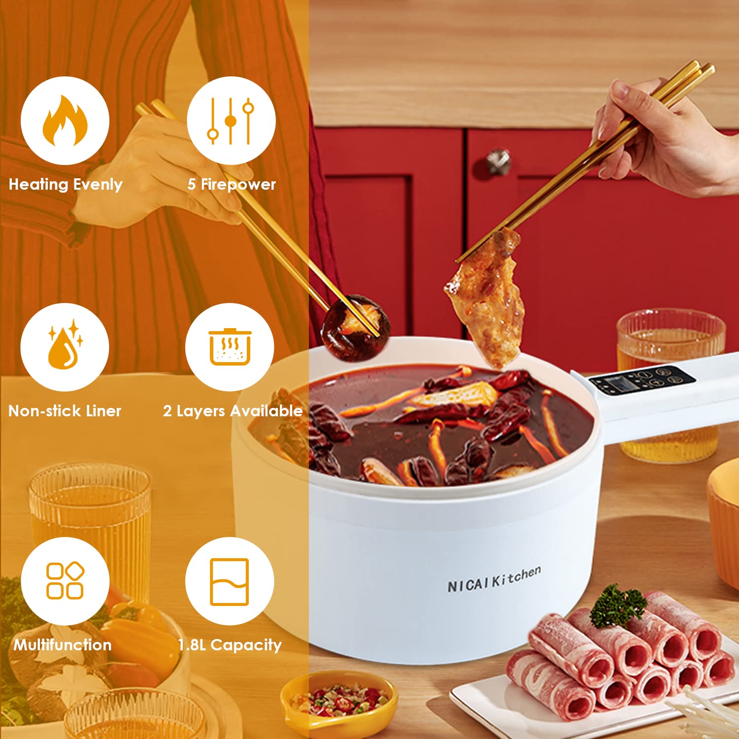 1.8L Electric Hot Pot with Non-Stick Coating - Multi-Functional Cooker for Ramen, Steak, Eggs, Rice & Soup | Smart Button Control | Perfect for Dorm, Office & Small Kitchen Cooking