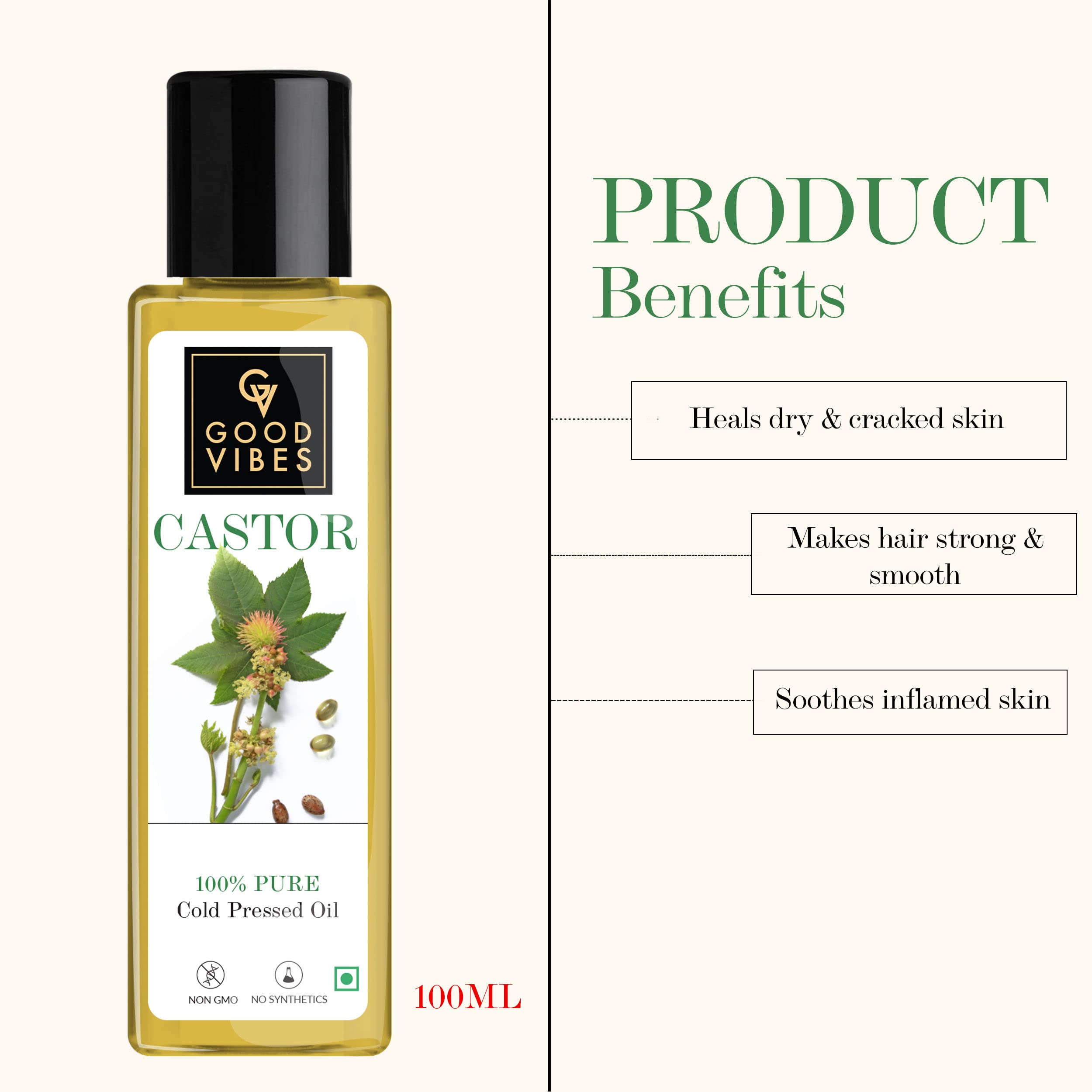 Good Vibes 100% Pure Cold Pressed Castor Oil for Hair Growth & Skin Care - 100ml | Natural Hair Conditioner, Deep Moisturizer for Dry Cracked Skin | Alcohol-Free, Paraben-Free, Sulfate-Free | Perfect for Nighttime Hair Treatments & DIY Beauty Recipes