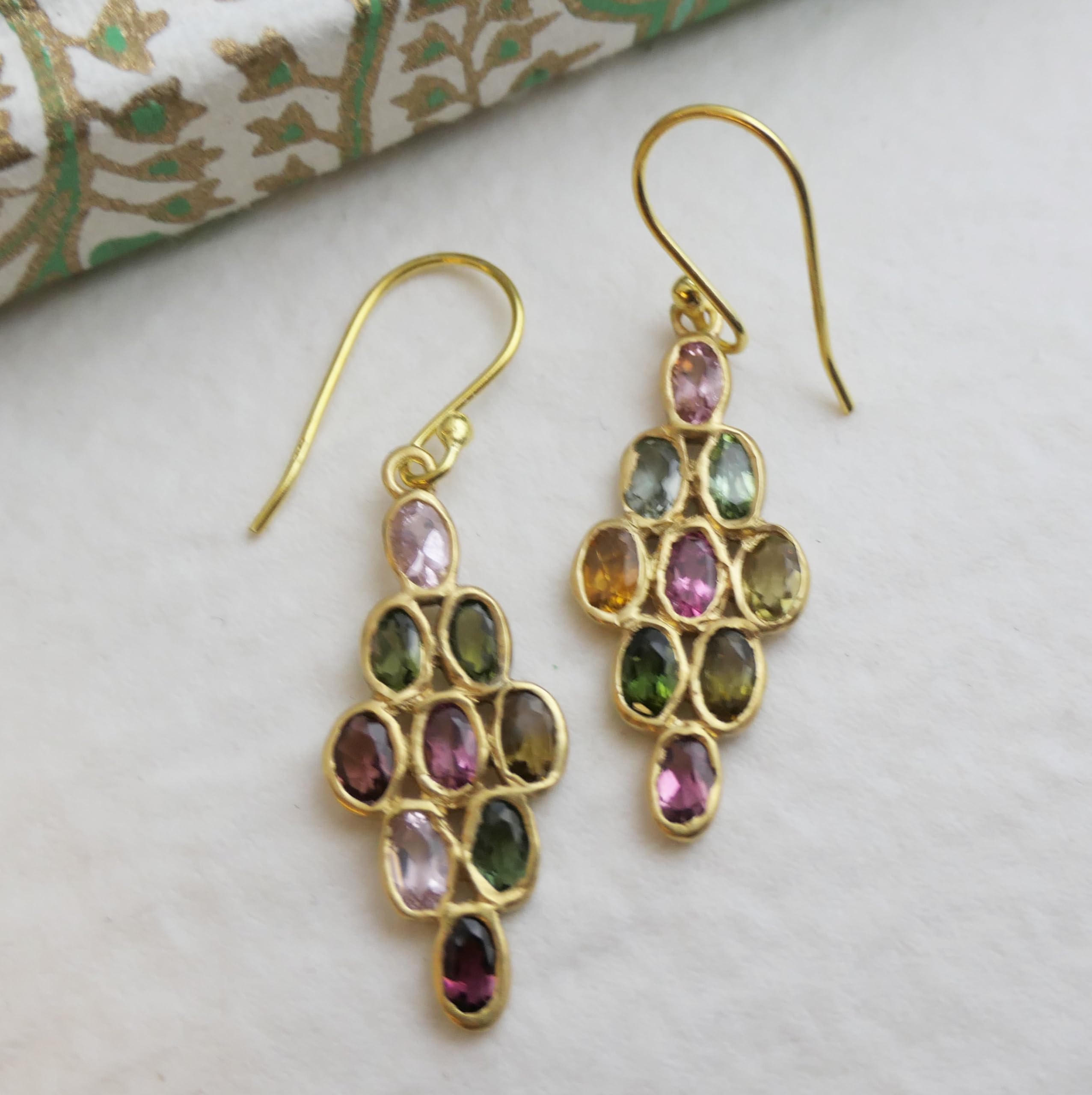 Natural Multi-Colored Tourmaline Waterfall Chandelier Earrings - 14K Gold Plated Sterling Silver Drop Dangle Earrings - Handmade Gemstone Jewelry for Women - Perfect Gift for Mother's Day, Birthday & Wedding - Elegant Bridal Jewelry for Special Occasions