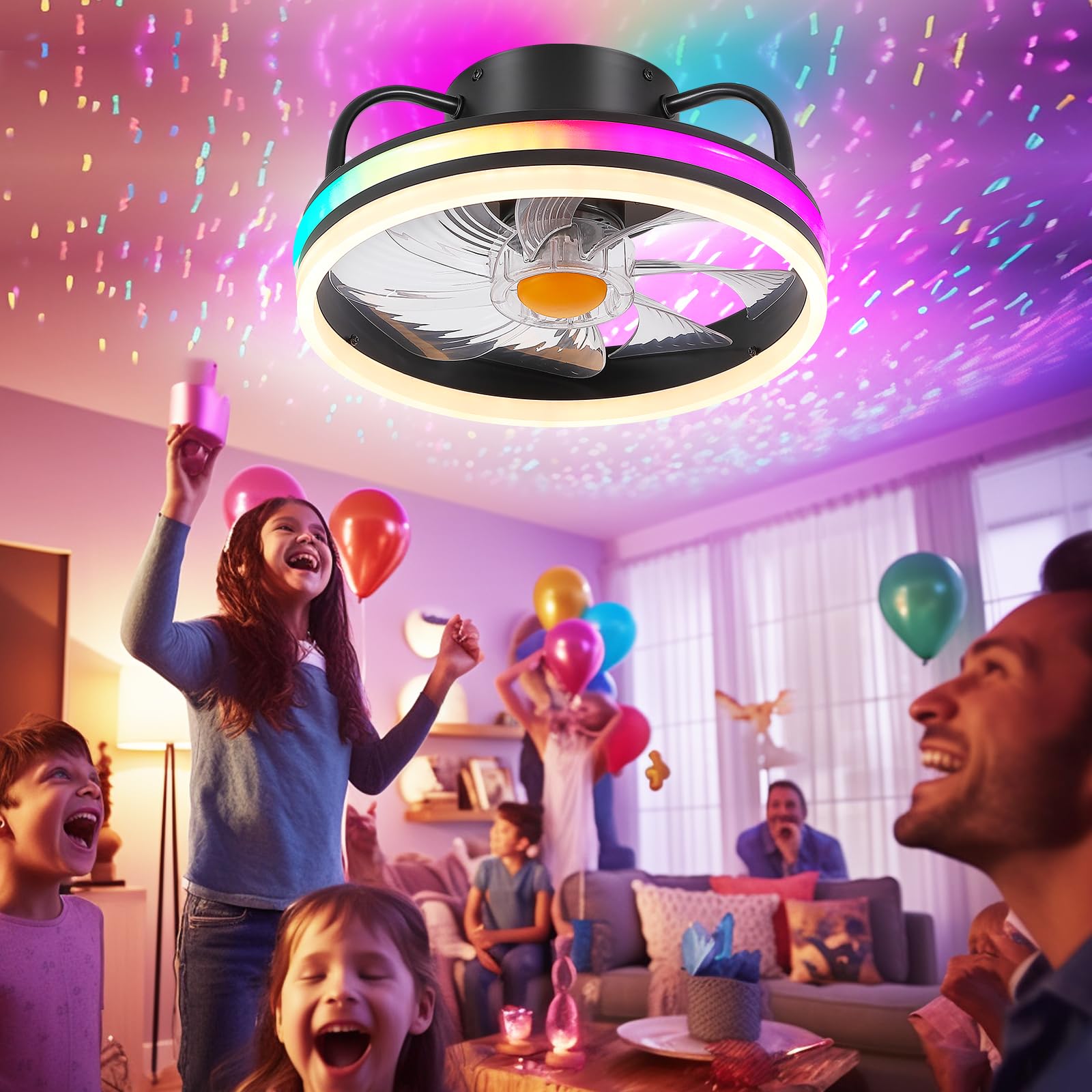 Modern Flush Mount Ceiling Fan with RGB Dimmable LED Light - 13