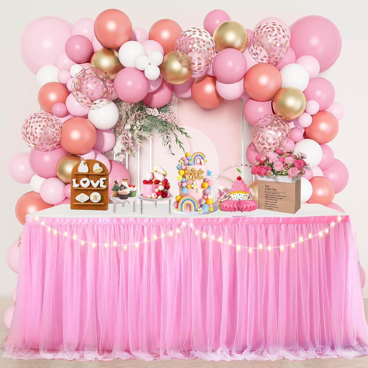 Albassa Pink Tulle Table Skirt with LED Lights - 9ft Long x 30in High Tutu Table Cover for Rectangle or Round Tables | Perfect for Baby Showers, Birthday Parties, Wedding Receptions & Cake Table Decorations