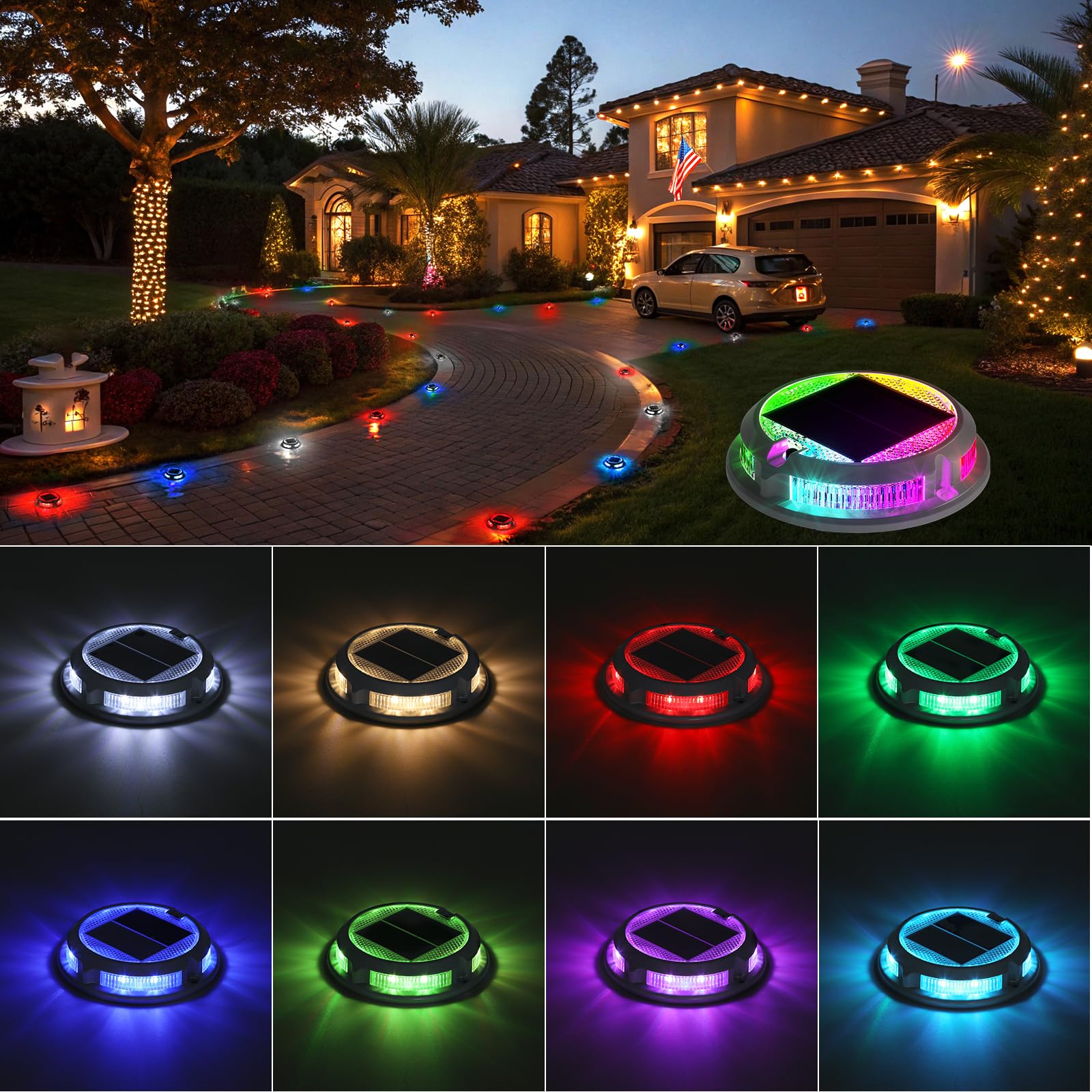 12 Pack Solar Driveway Lights Outdoor - Waterproof IP68 RGB Solar Deck Lights with 3 Dynamic Modes for Driveway, Stairs, Boat Dock, Garden & Walkway Lighting | Perfect for Night Safety & Landscape Decoration
