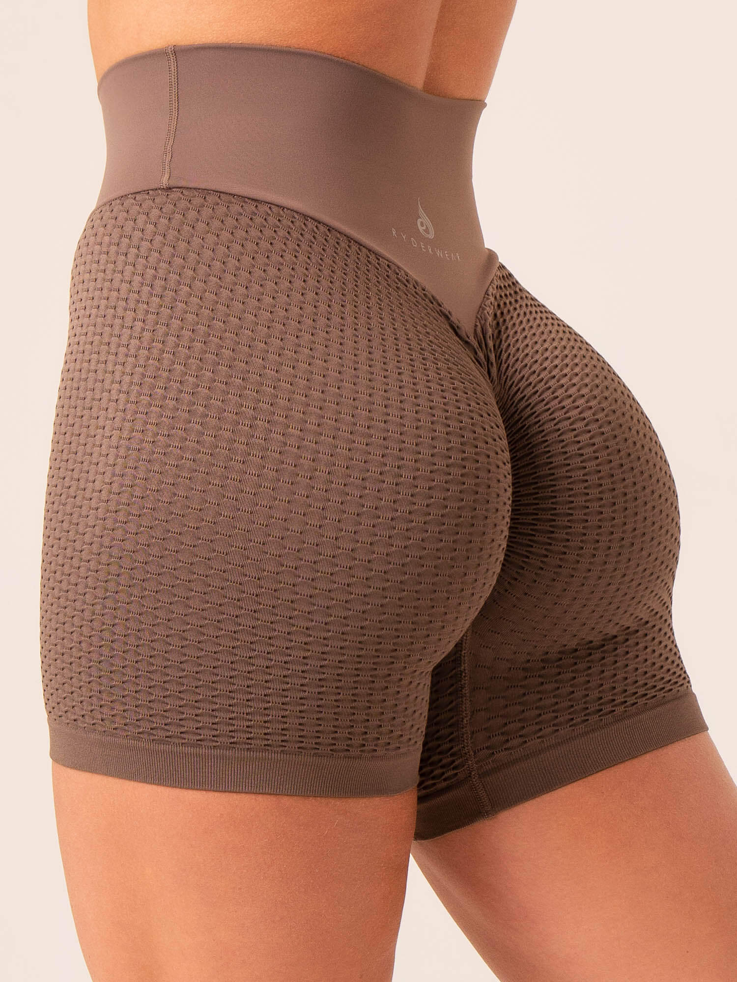 Honeycomb Scrunch Seamless Shorts for Women - High Waisted Yoga Workout Running Gym Shorts - Taupe - Comfortable & Breathable Activewear for Fitness & Lounge