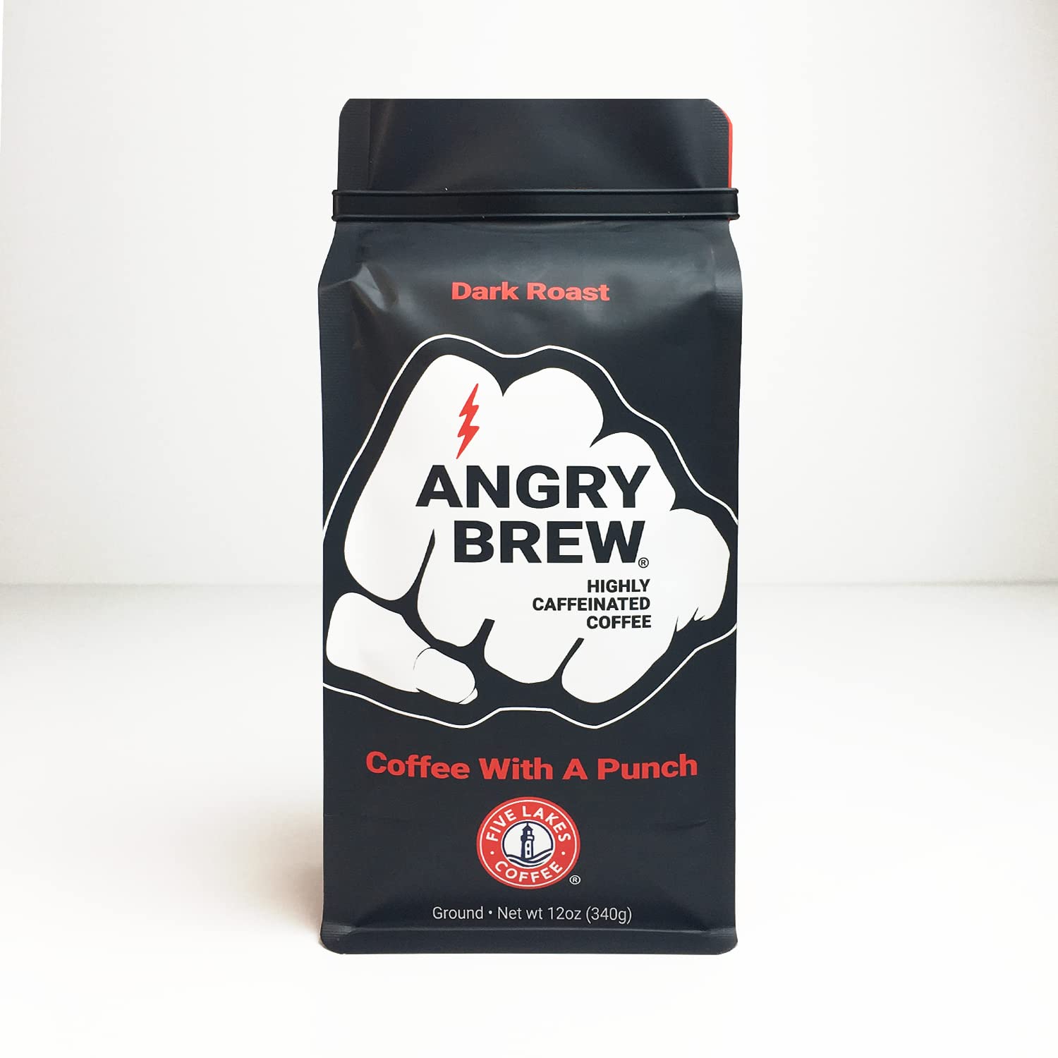 Five Lakes Coffee - Angry Brew Dark Roast Ground Coffee - High Caffeine Premium Coffee Beans for Energy Boost - Perfect for Morning Wakeup, Office Work & Late Night Study Sessions